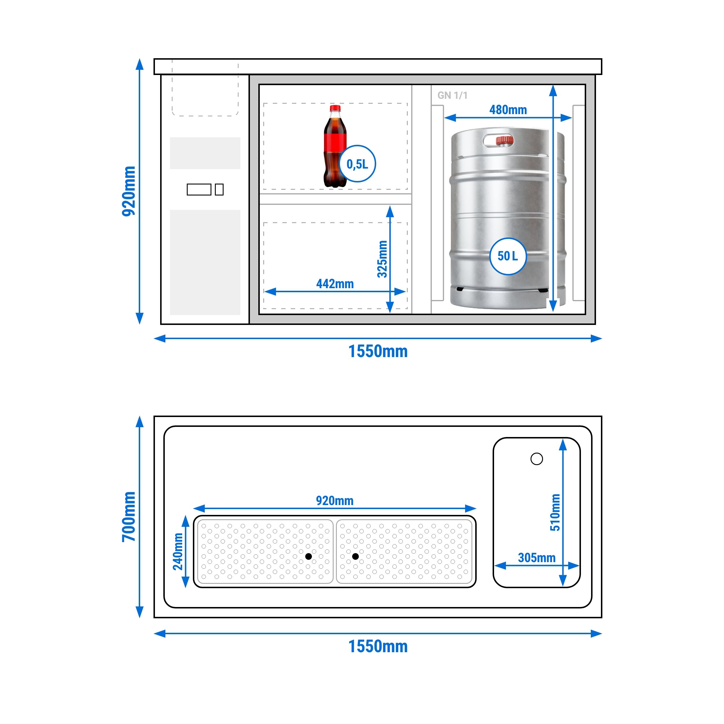 Direct Draw Beer Dispenser / Kegerator PREMIUM PLUS - 1550x700mm - Single Glass Door & 2 Drawers