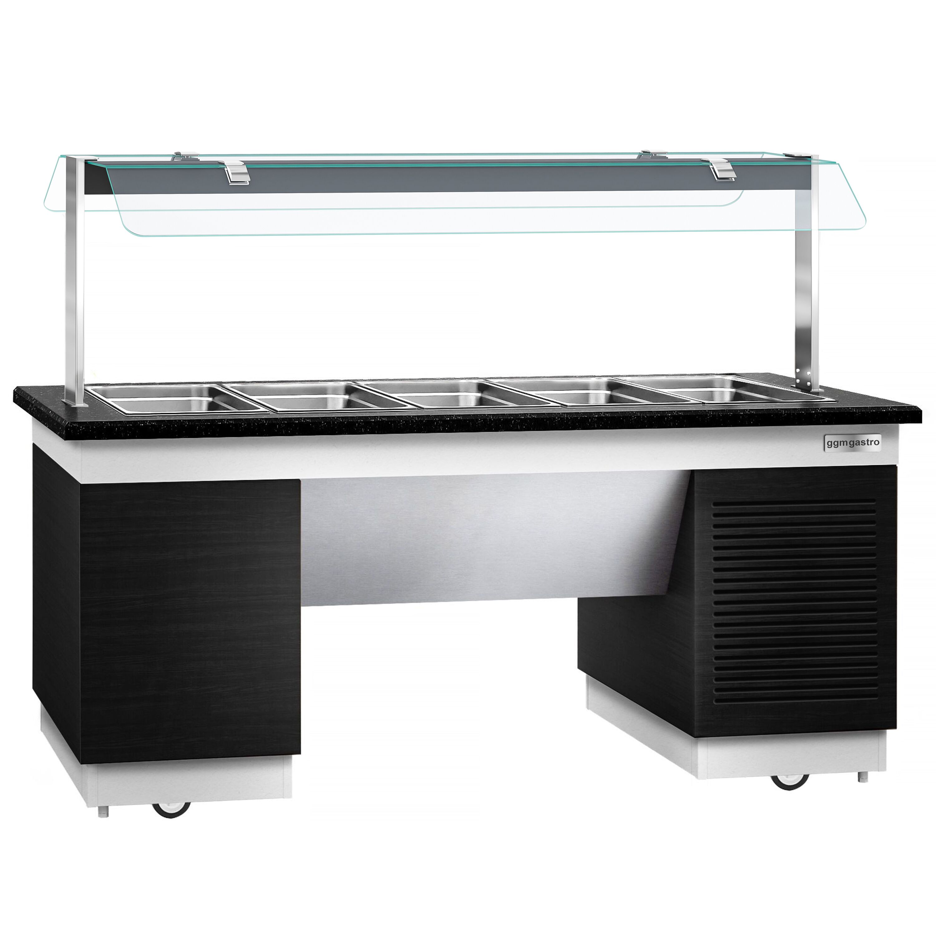 Refrigerated Buffet Display DUBLIN - 2000mm - with Refrigerated Well + Flat Glass Sneeze Guard - on Castors - for 5x GN 1/1 - Black