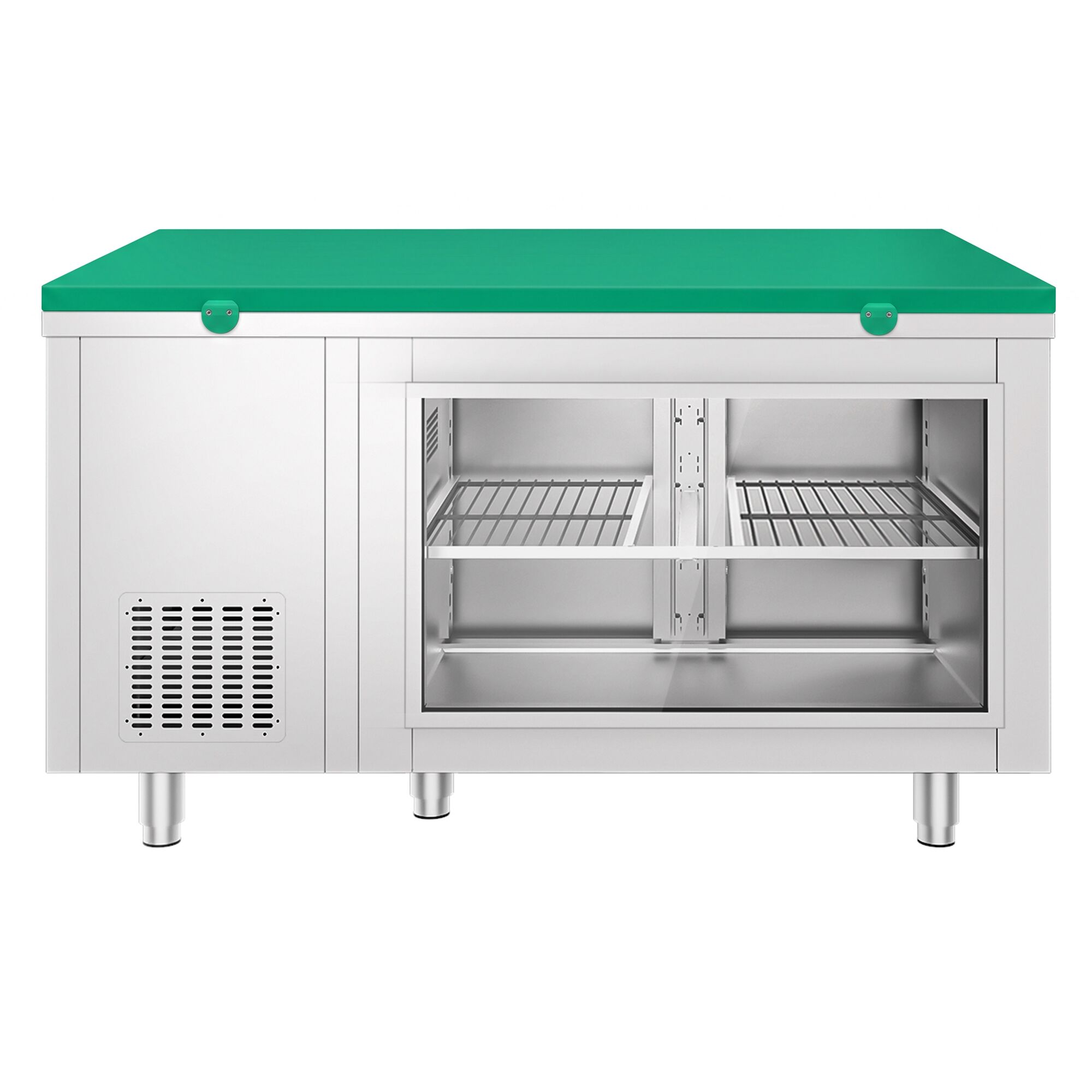 Refrigerated Counter – 1400 × 700 mm – Rear Side with 2 Doors – Glass Front – incl. Green Cutting Board