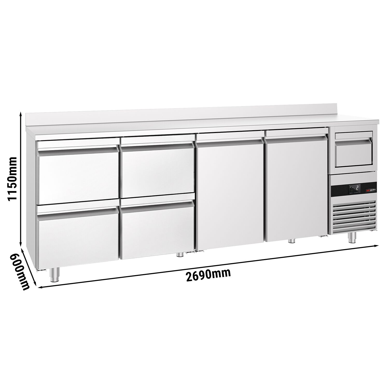 Arrière-bar réfrigéré professionnel  PREMIUM - 2690 x 600 mm - avec 2 portes et 4 tiroirs - avec dosseret - avec tiroir à marc de café