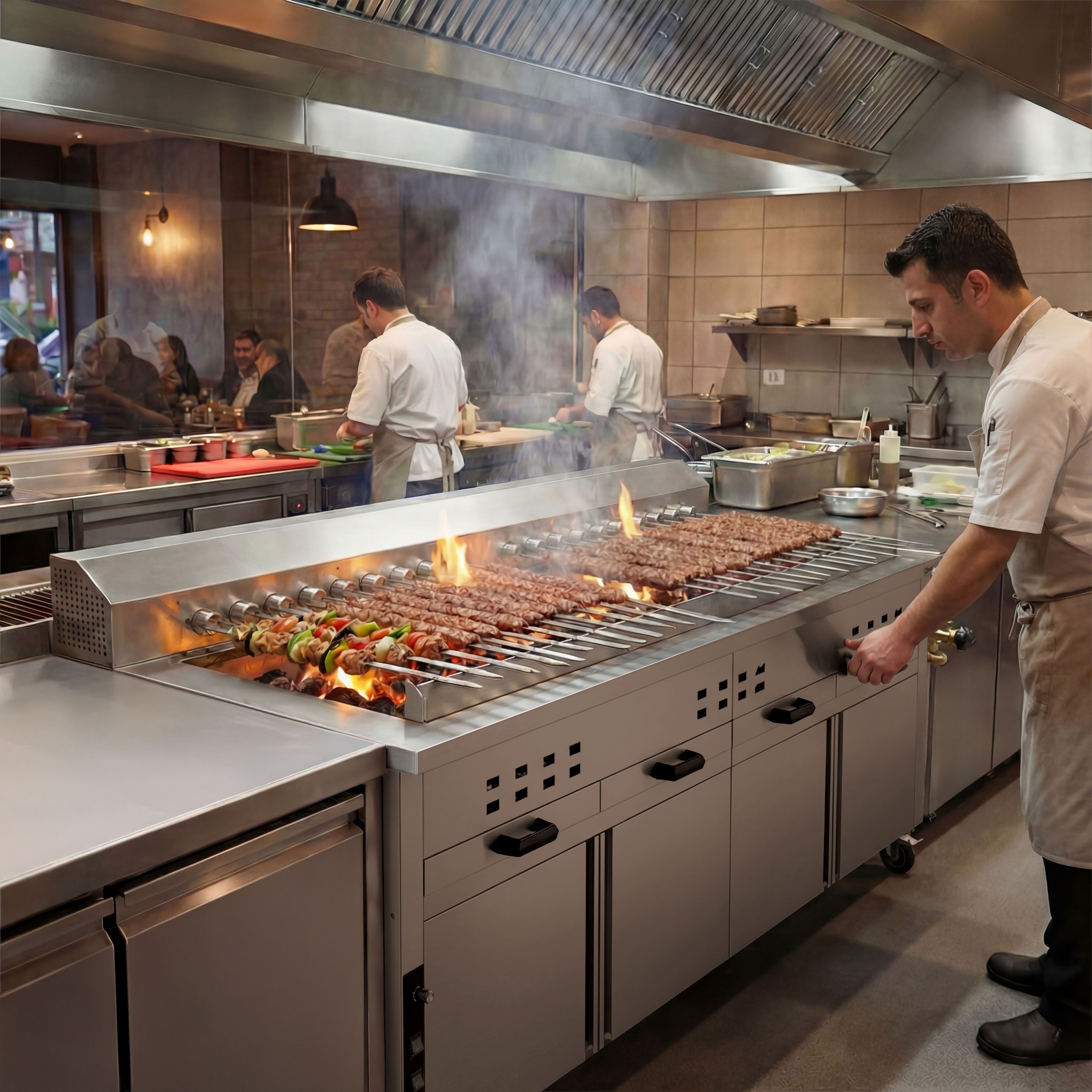 Mangal Charcoal Grill - 2000mm - with cabinet base - for Adana & Shish Kebab - 30 automatic rotating skewers