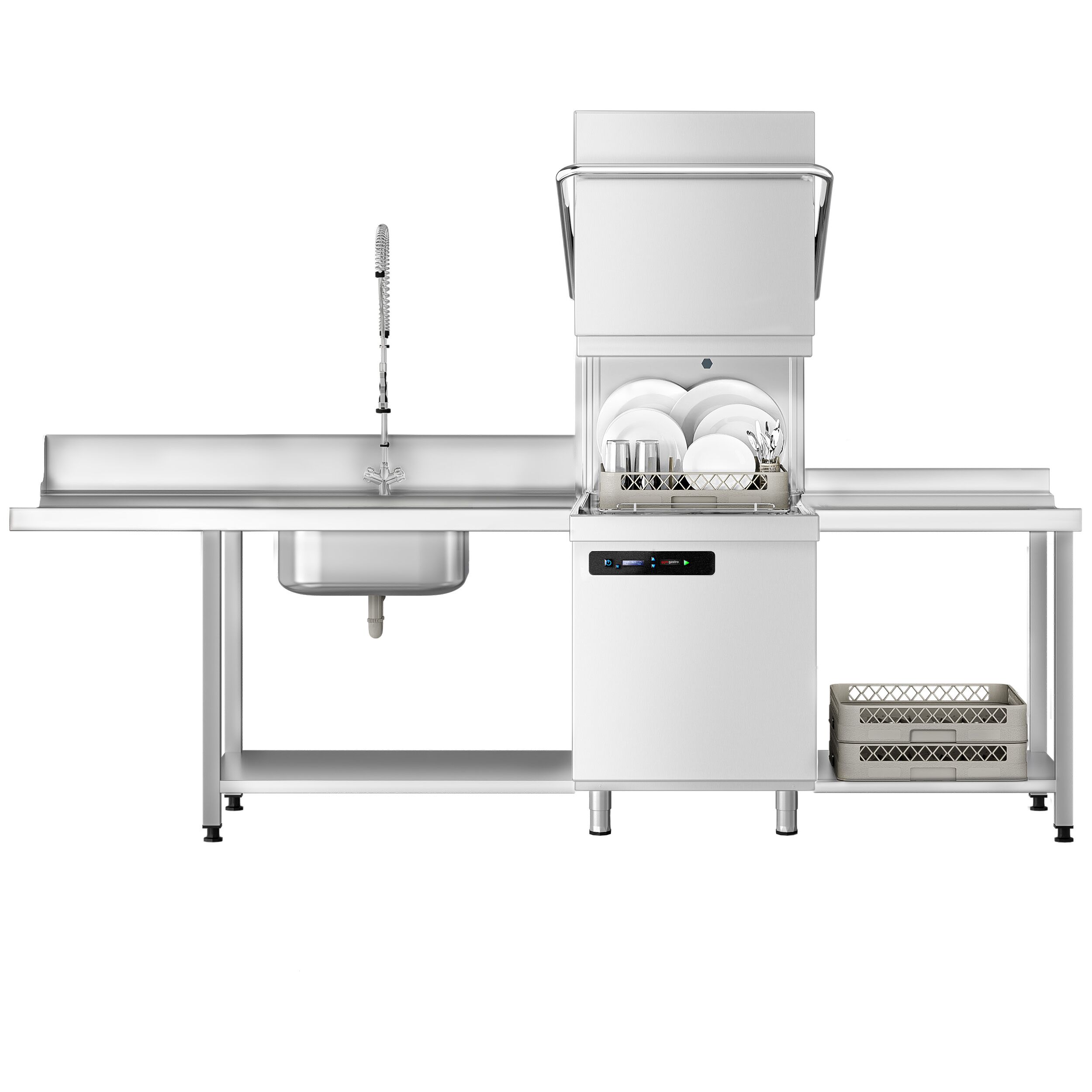 Lave-vaisselle à capot – Numérique – 7,1 kW – avec table d’entrée à gauche, table de sortie à droite et adoucisseur inclus – avec pompe de détergent et de rinçage