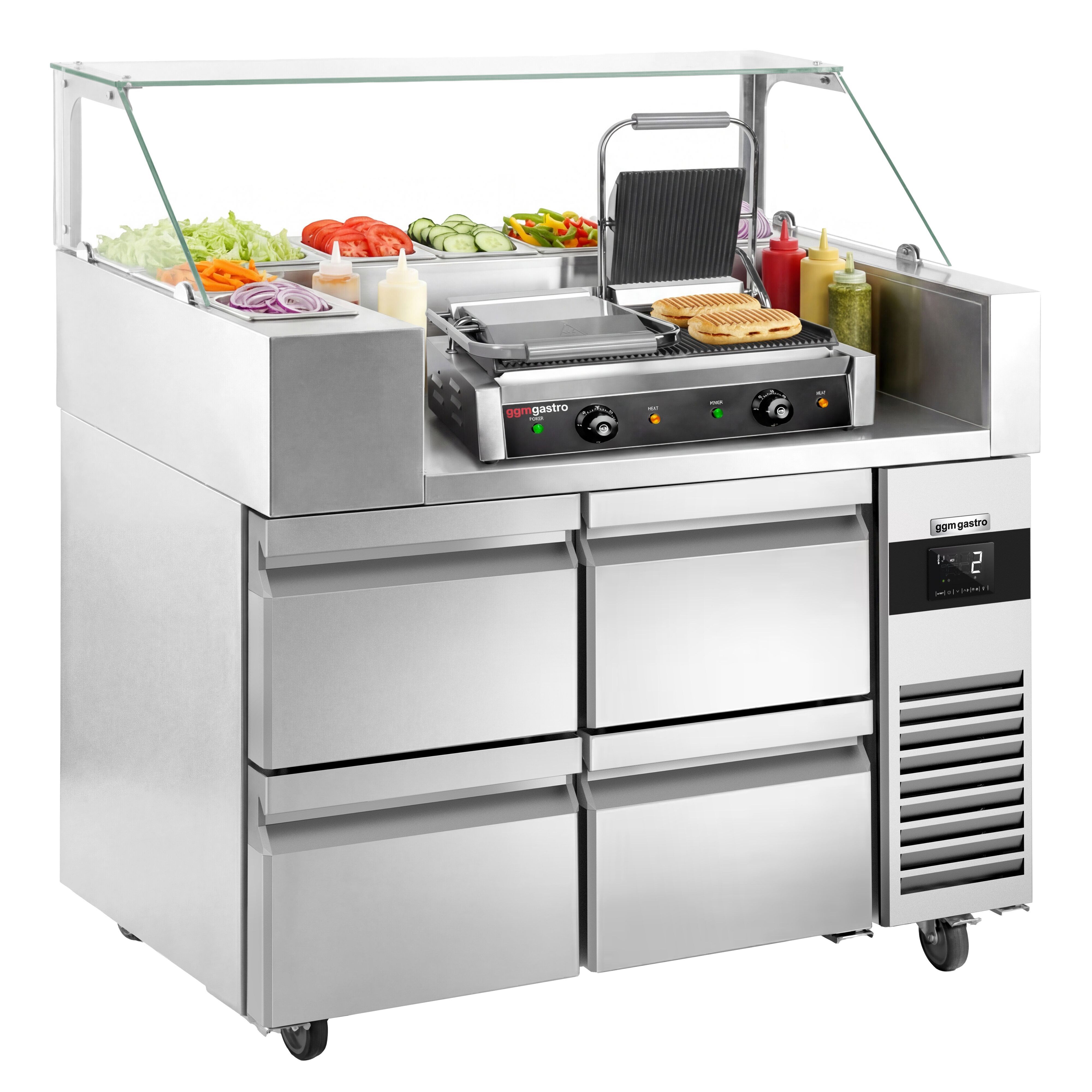 Table de préparation – 1210 mm – 4 tiroirs – pour 9 bacs GN 1/6 – incl. grill de contact