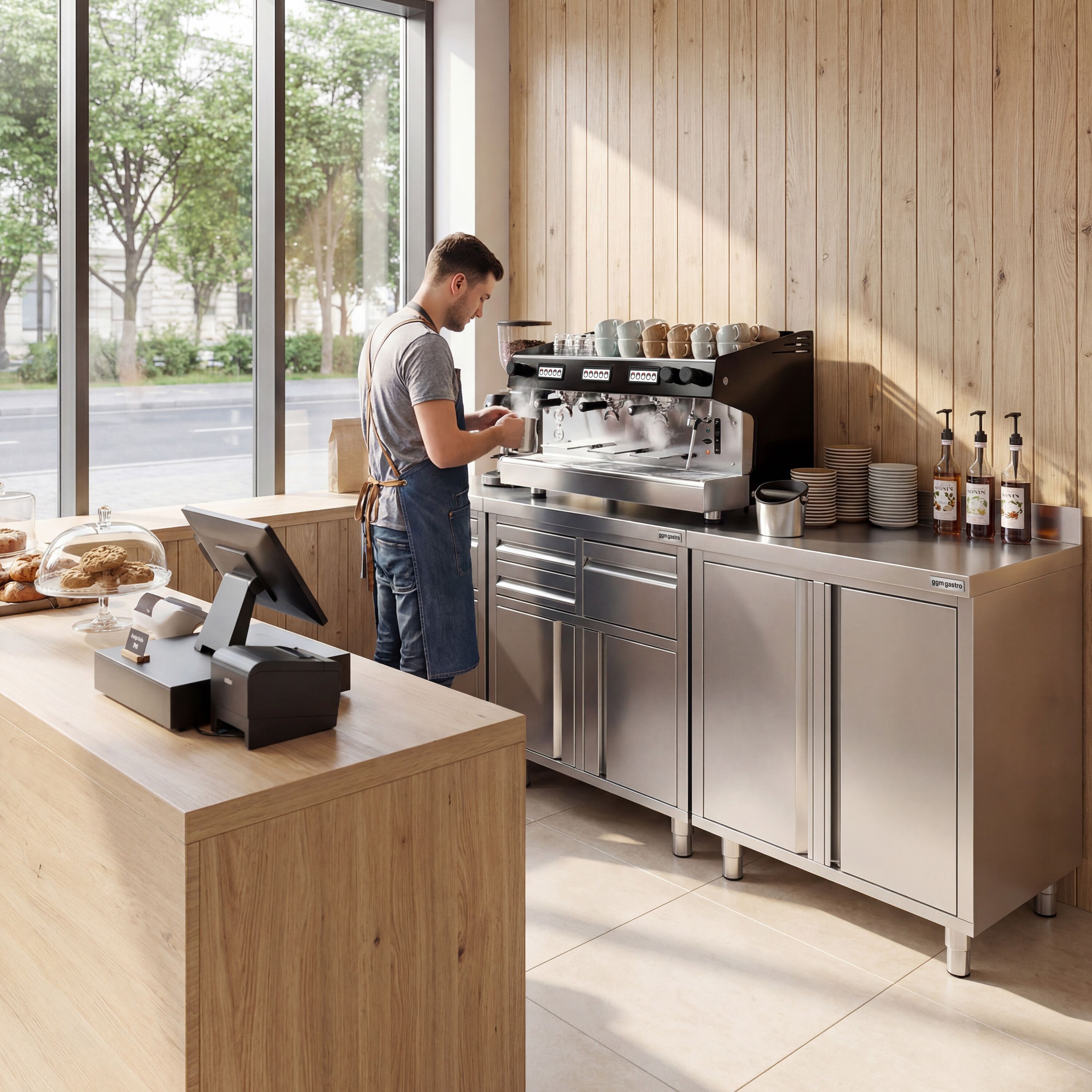 Table armoire en acier inoxydable - 1600x600mm - avec portes battantes et 2 tiroirs - avec dosseret - pour machine à café (cafetière à filtre)