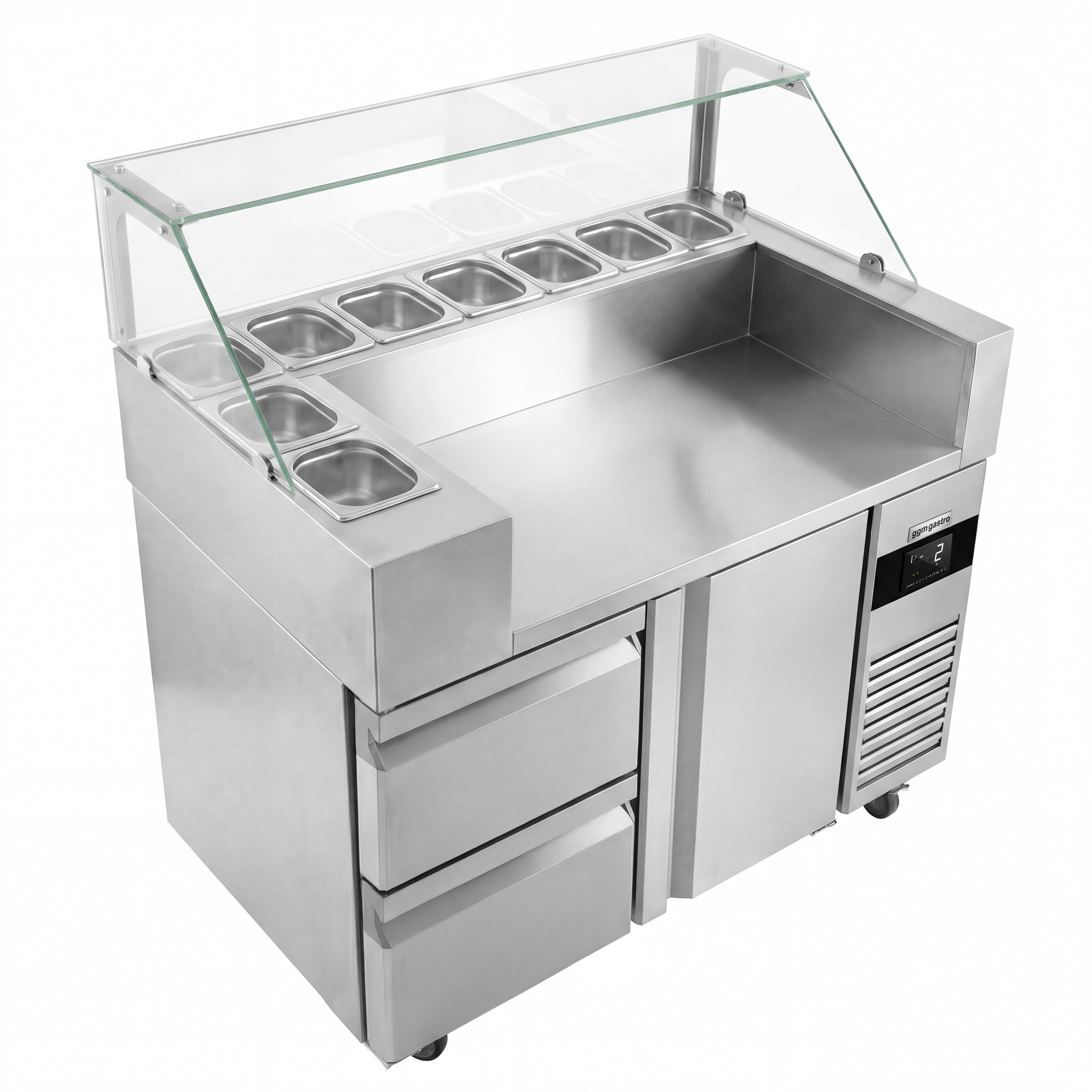 Saladette Kompakt - 1210x700 mm - glasöverdel - 1 dörr & 2 lådor - för 9x GN 1/6 - inkl. Korvgrill/Hot dog‑grill & -värmare