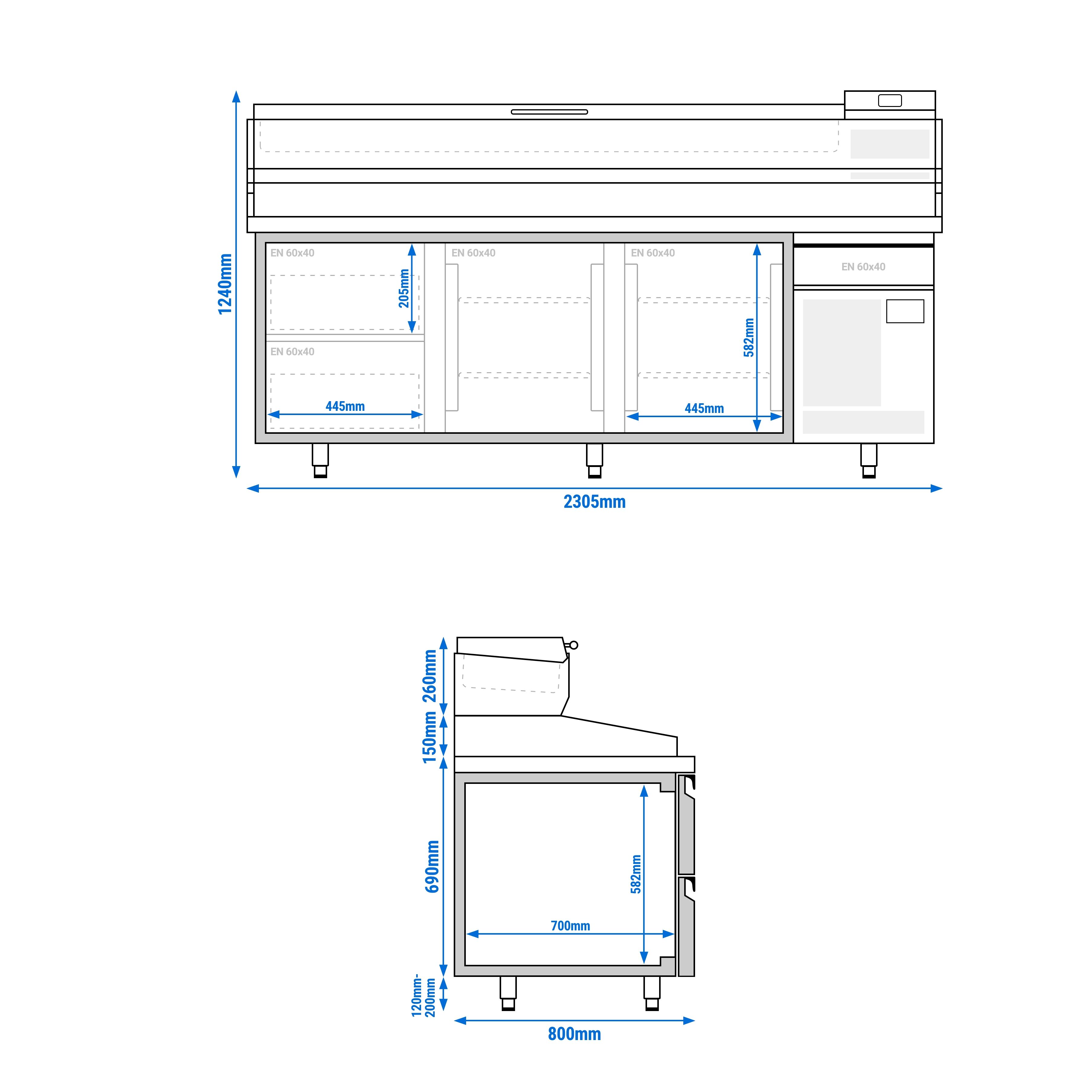 Table réfrigérée à pizza Premium PLUS - 2305x800 mm - avec 2 portes & 3 tiroirs - incl. vitrine réfrigérée pour ingrédients - 11 bacs GN 1/4
