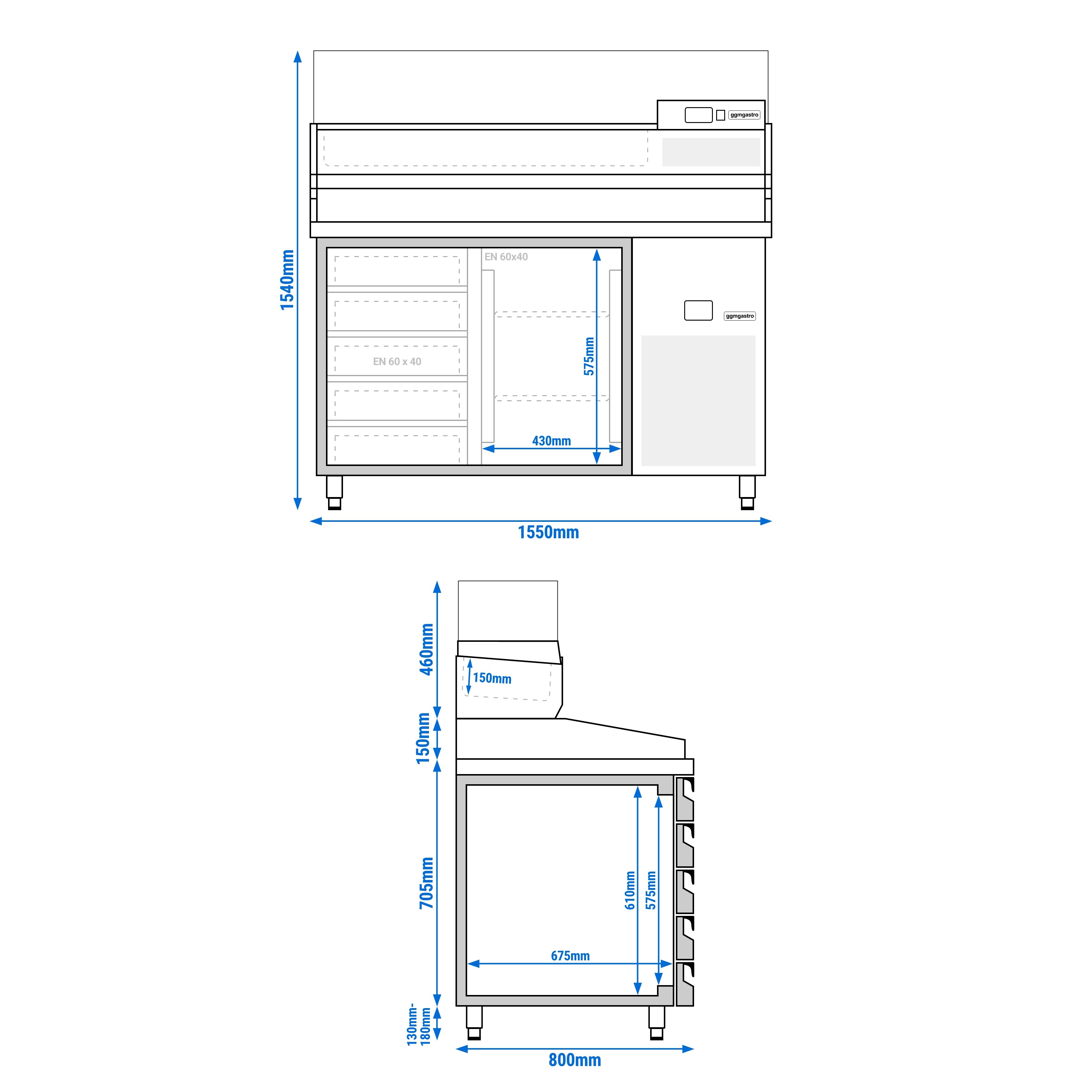 Table réfrigérée à pizza PREMIUM - 1550x800 mm - avec 1 porte & 5 tiroirs - incl. vitrine réfrigérée - 6x GN 1/3