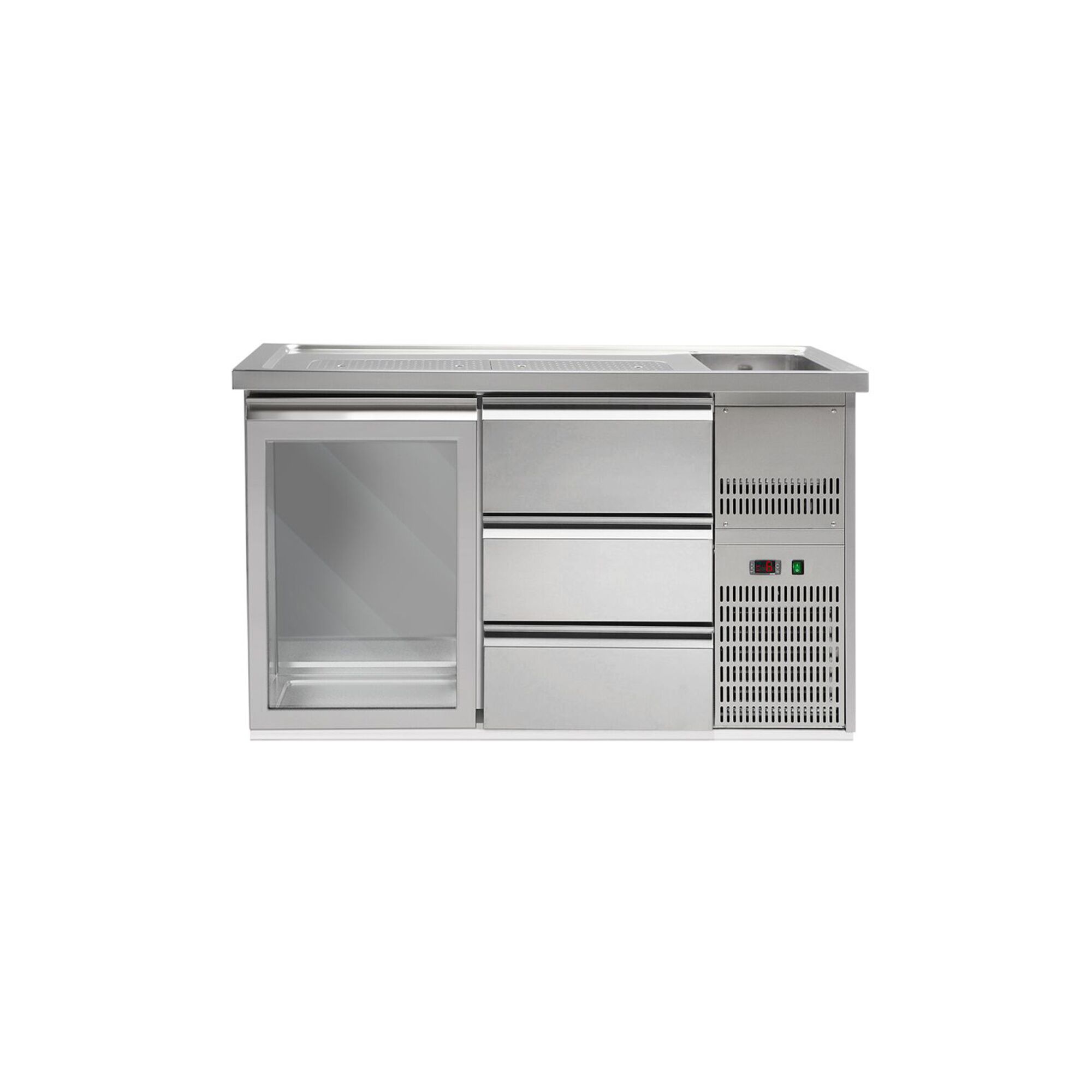 Comptoir de bar réfrigéré Premium PLUS – 1550 × 700 mm – 1 porte vitrée & 3 tiroirs