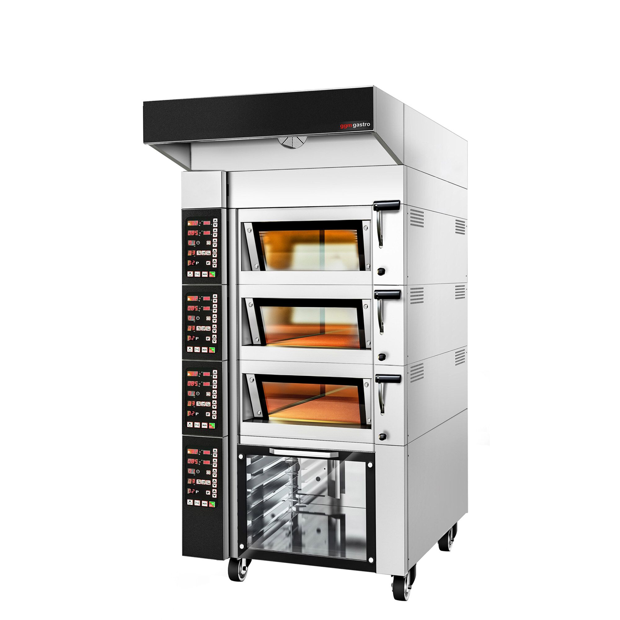 Four à étages de boulangerie avec fonction vapeur - numérique - 3 chambres de cuisson - avec hotte et chambre de fermentation 12 x EN 600 x 400