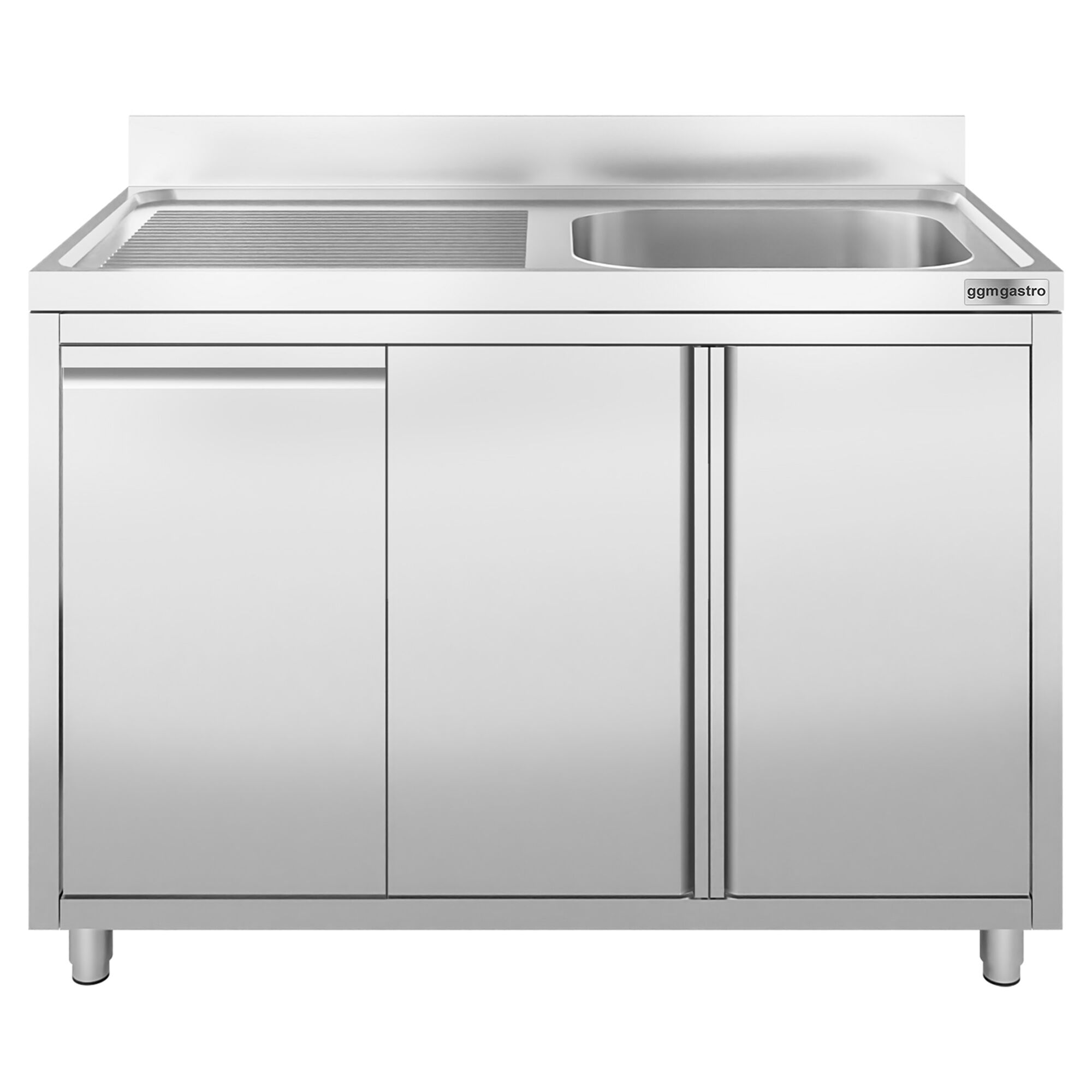 Plonge inox - 1200x600mm - 1 bac à droite - avec égouttoir à gauche - avec dosseret - sur meuble - avec vide‑déchets et poubelle