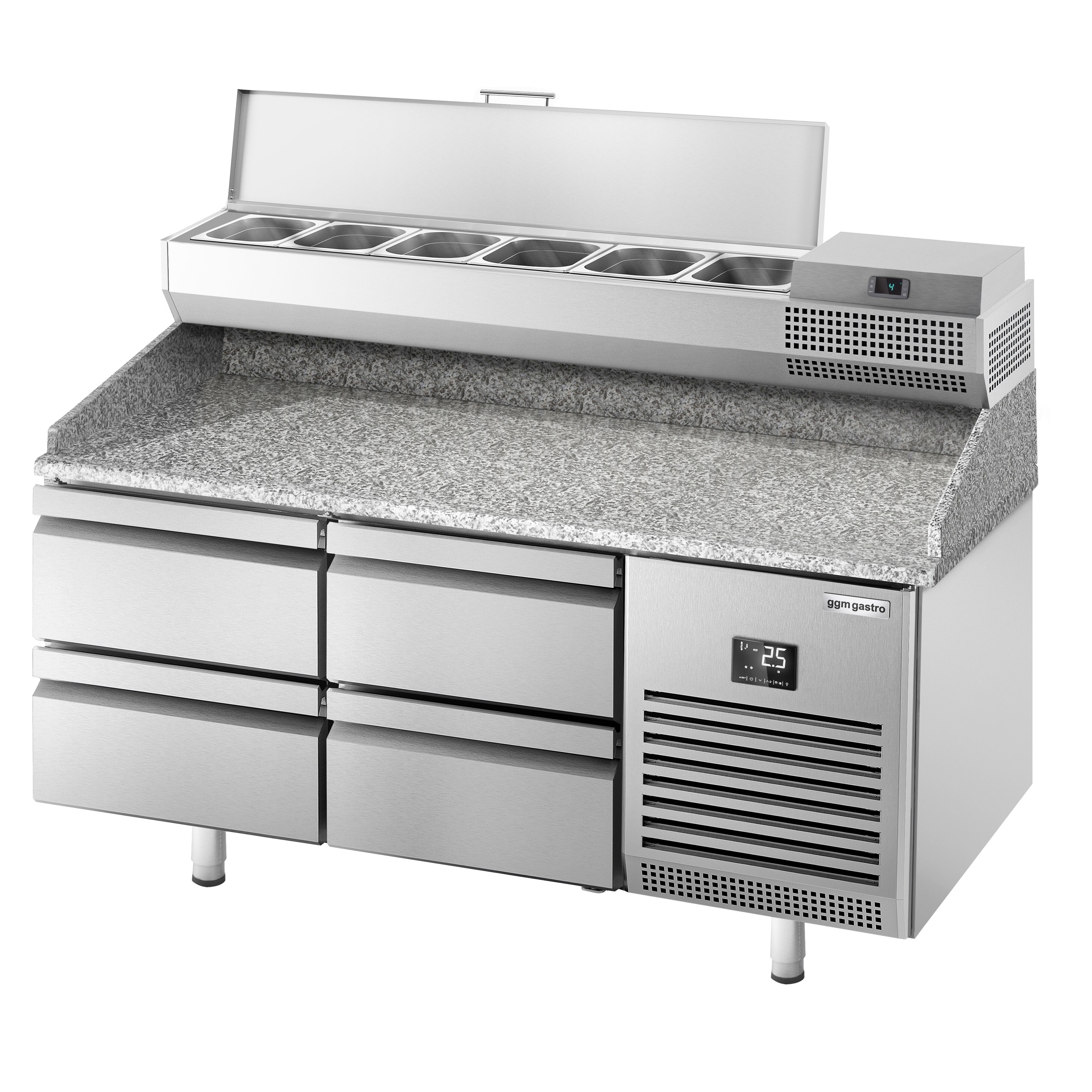 Table réfrigérée à pizza Premium PLUS - 1490x700 mm - avec 4 tiroirs - incl. vitrine réfrigérée - 6x GN 1/4