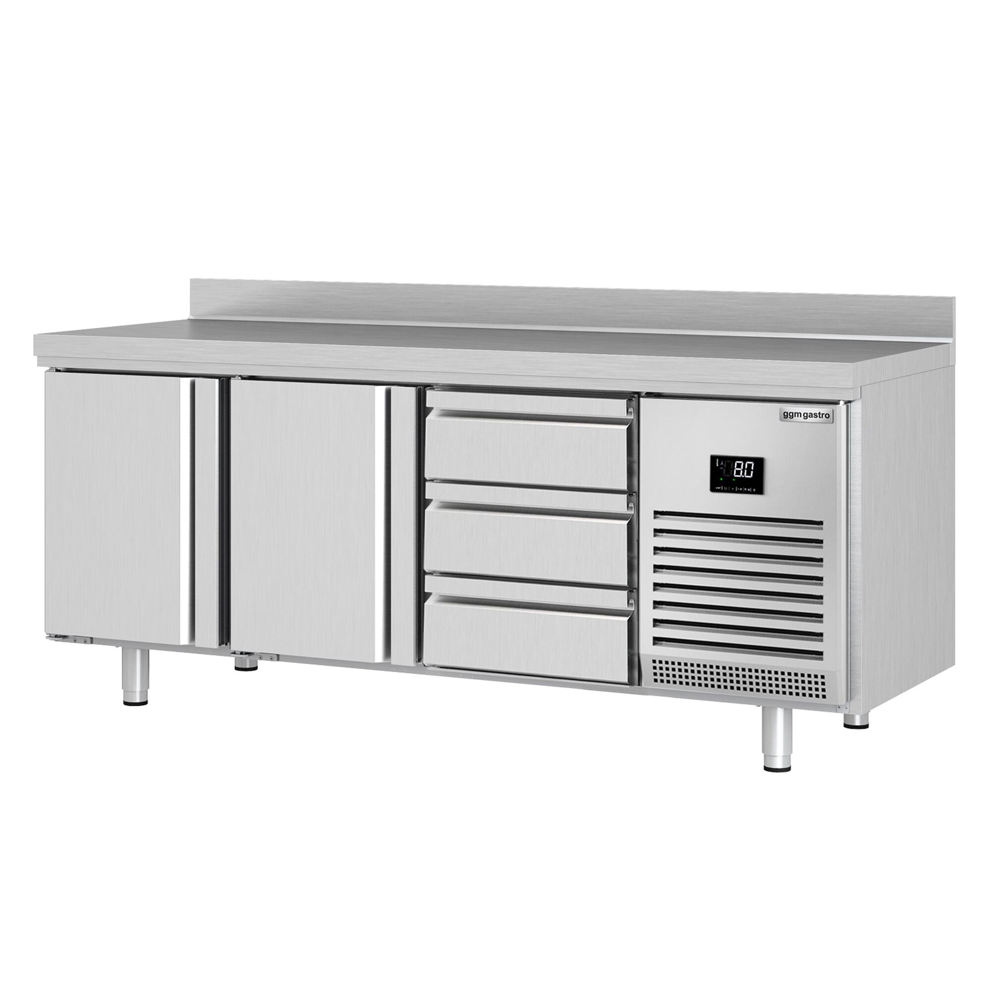 Table réfrigérée Premium PLUS - 1960 x 700 mm - avec 2 portes - 3 tiroirs - avec dosseret