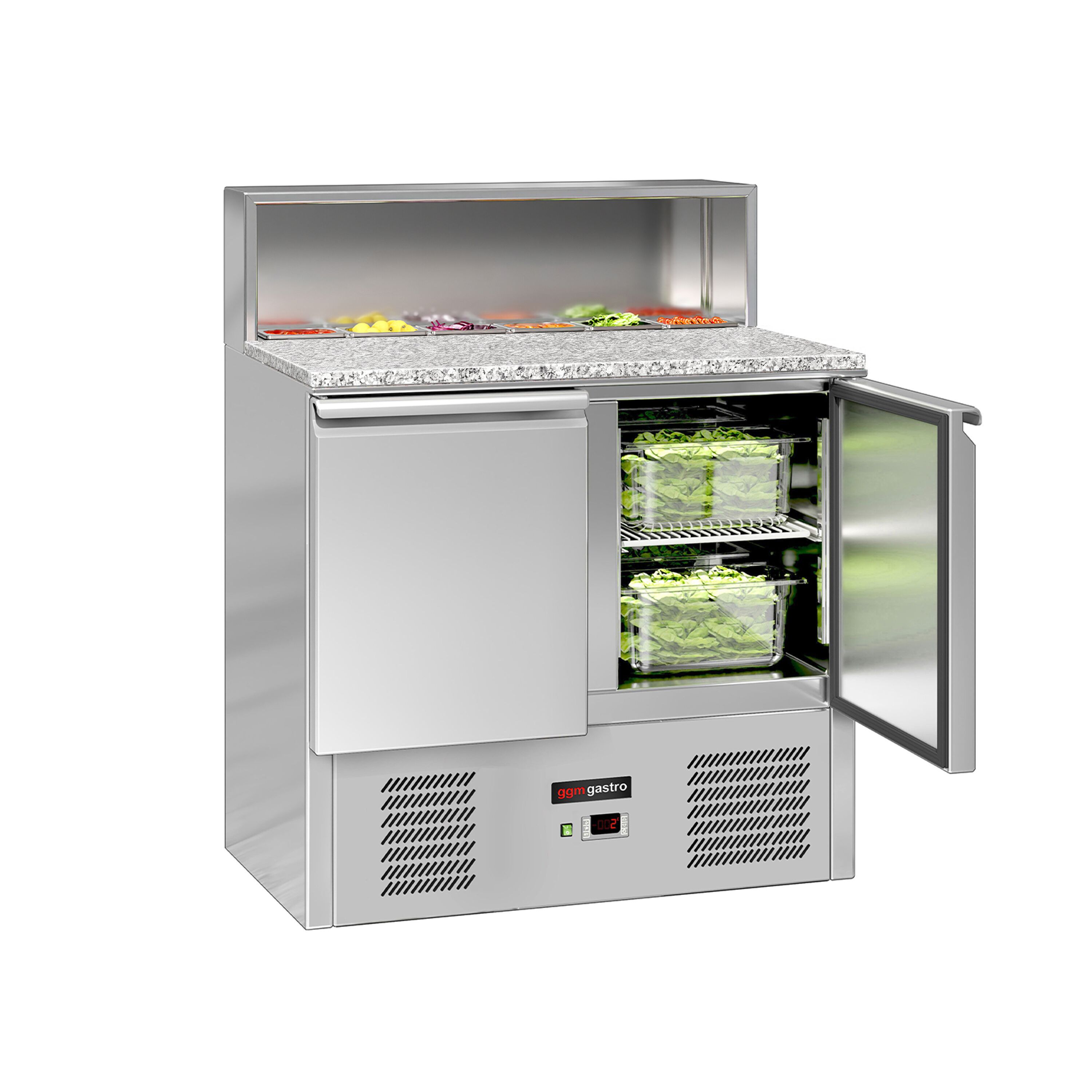 Saladette réfrigérée ECO - 903mm - 240L - façade noire - 2 portes - avec découpe pour 5x GN 1/6 & Couvercle inox - plan de travail en granit noir