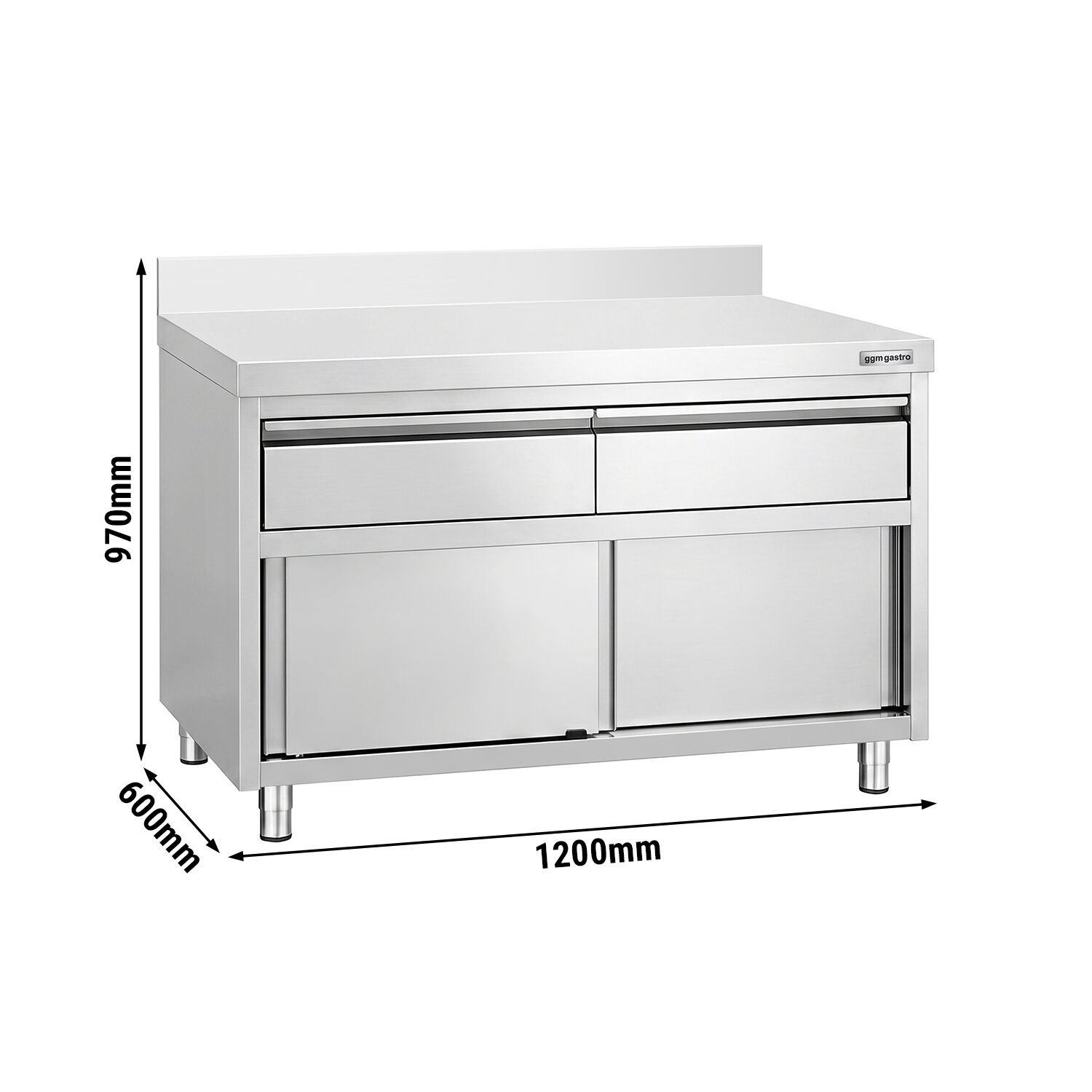 Armoire de travail en acier inoxydable PREMIUM - 1 200 x 600 mm - avec rebord - avec 2 tiroirs et une porte coulissante