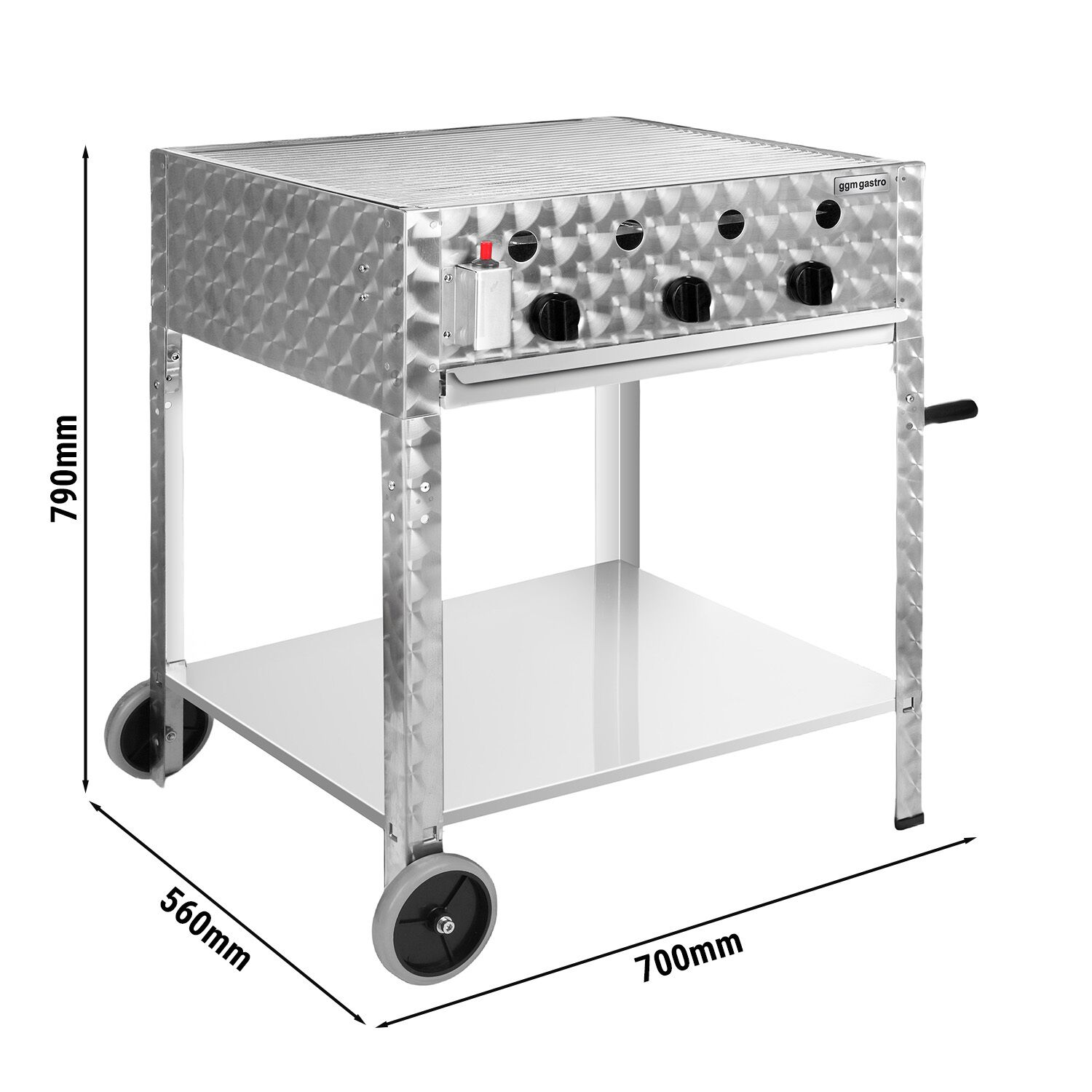 Barbecue à gaz professionnel - 10kW - sur pied - P560mm - 3 brûleurs - incl. support mobile, grille de cuisson & plaque de four