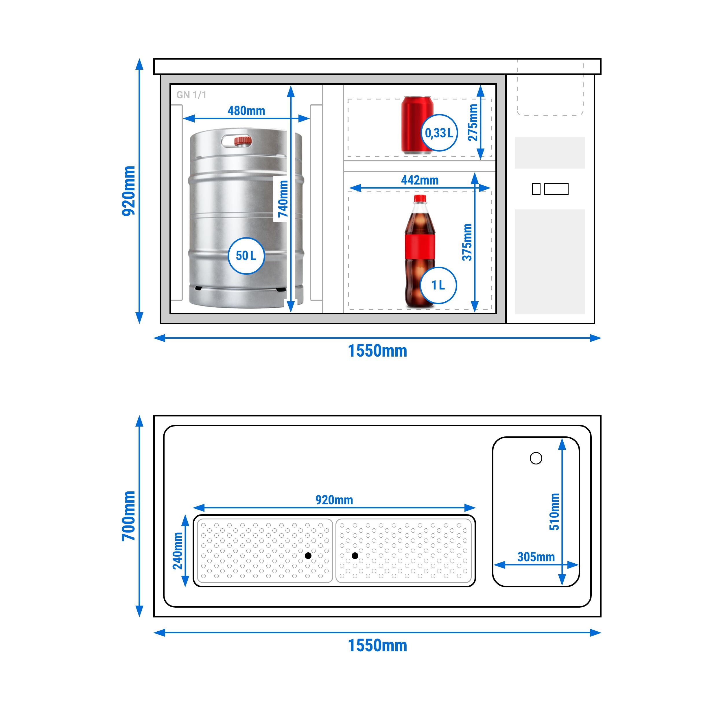 Comptoir de bar réfrigéré Premium PLUS – 1550 × 700 mm – 1 porte vitrée & 2 tiroirs