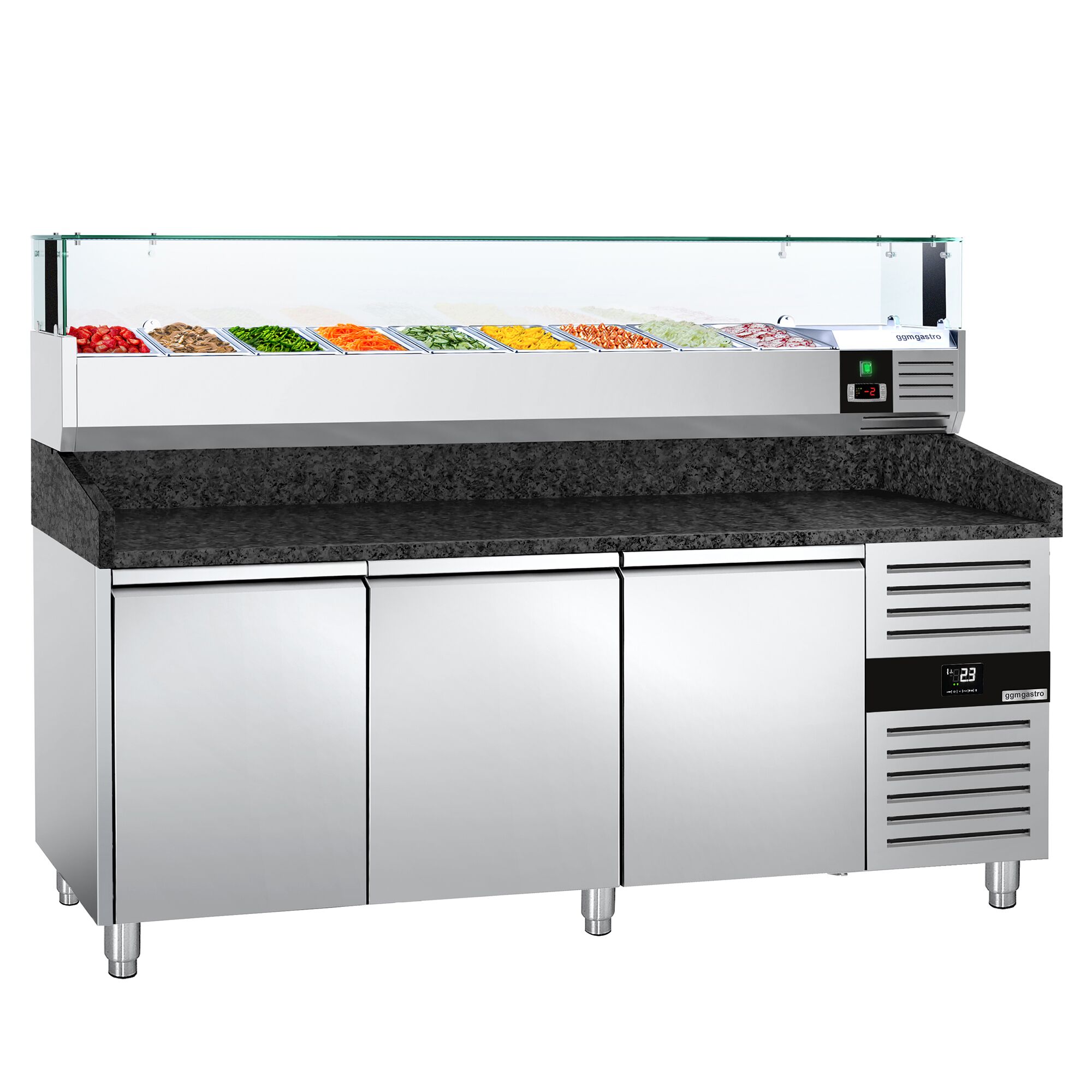 Table réfrigérée à pizza PREMIUM - 2000 x 800 mm - avec 3 portes - incl. vitrine réfrigérée LED - 9 x GN 1/3