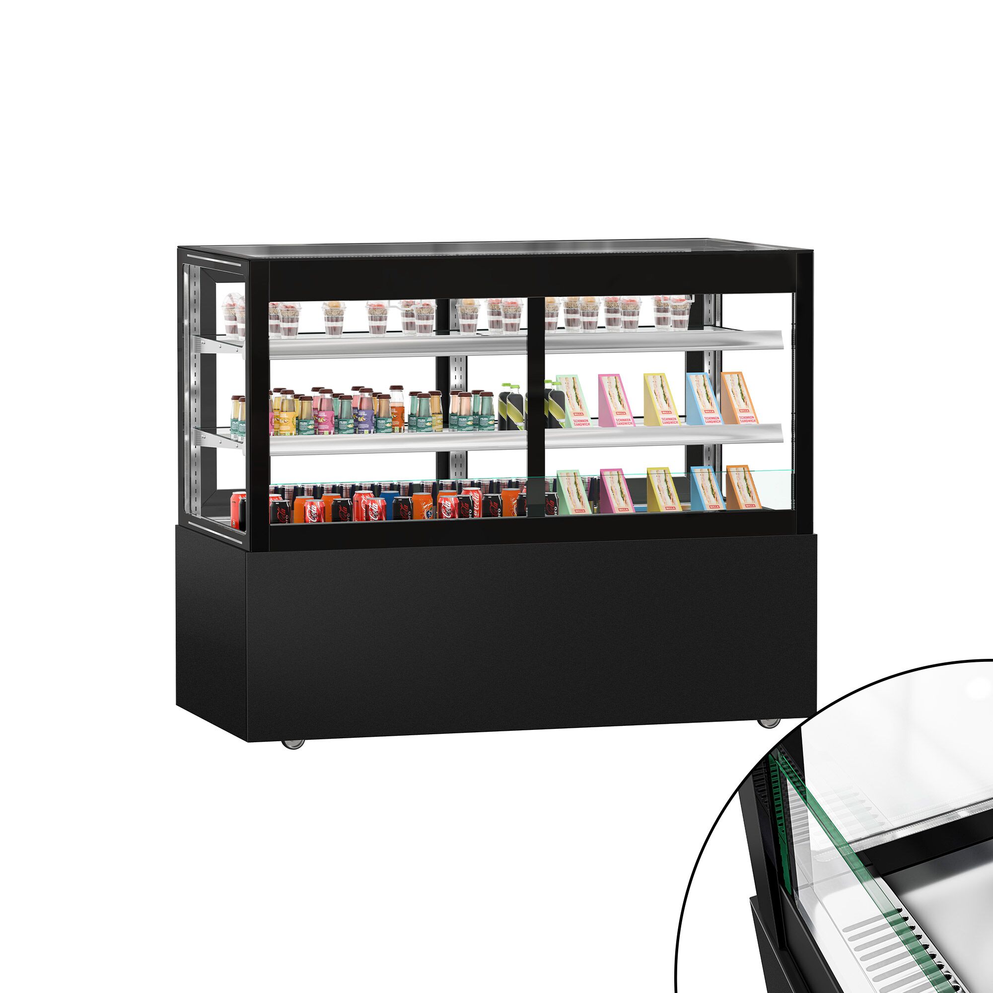 Vitrine à pâtisserie réfrigérée MADRID Self-Service - 530L - 1500mm - Double vitrage - avec 2 étagères en verre - portes coulissantes arrière - avec rideau de nuit - Noir mat