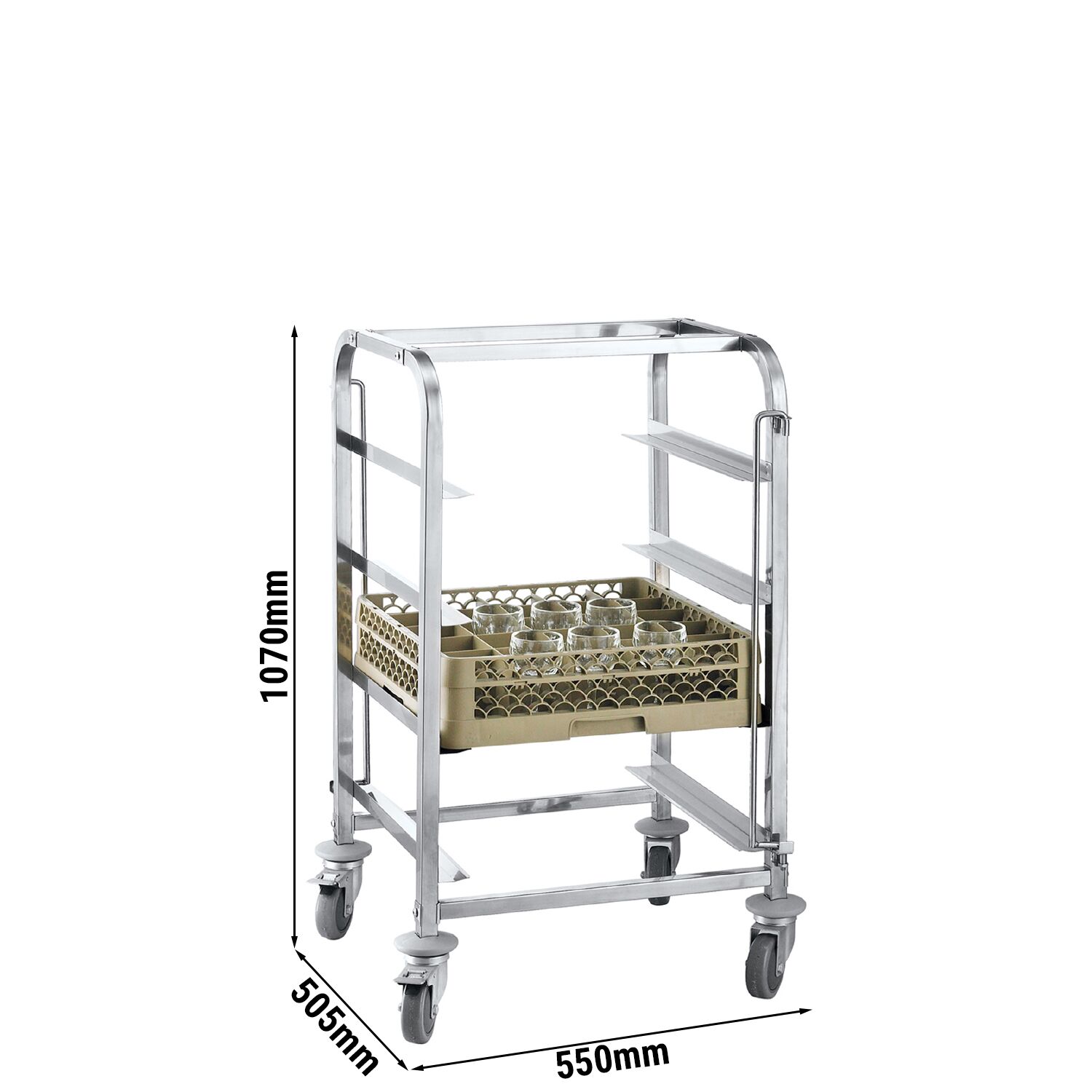 Chariot de transport pour paniers à vaisselle en acier inoxydable - 550x505mm - avec 4 surfaces de rangement en acier inoxydable - avec poignée
