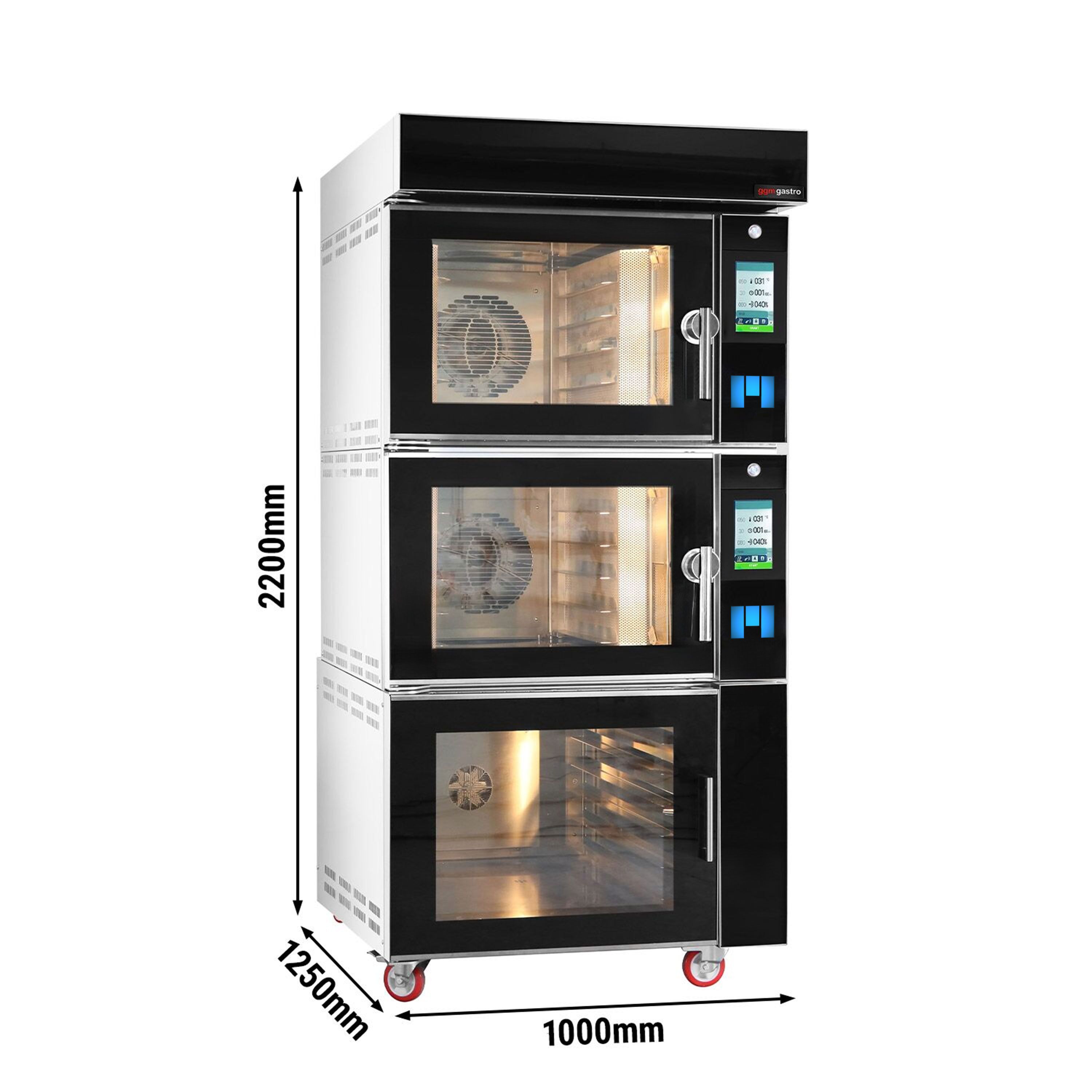 Électrique Four à convection avec injection d’eau - Écran tactile - 2 chambres de cuisson - 10 niveaux 600x400mm - Acier inoxydable - Noir - avec armoire de fermentation - sans plaques