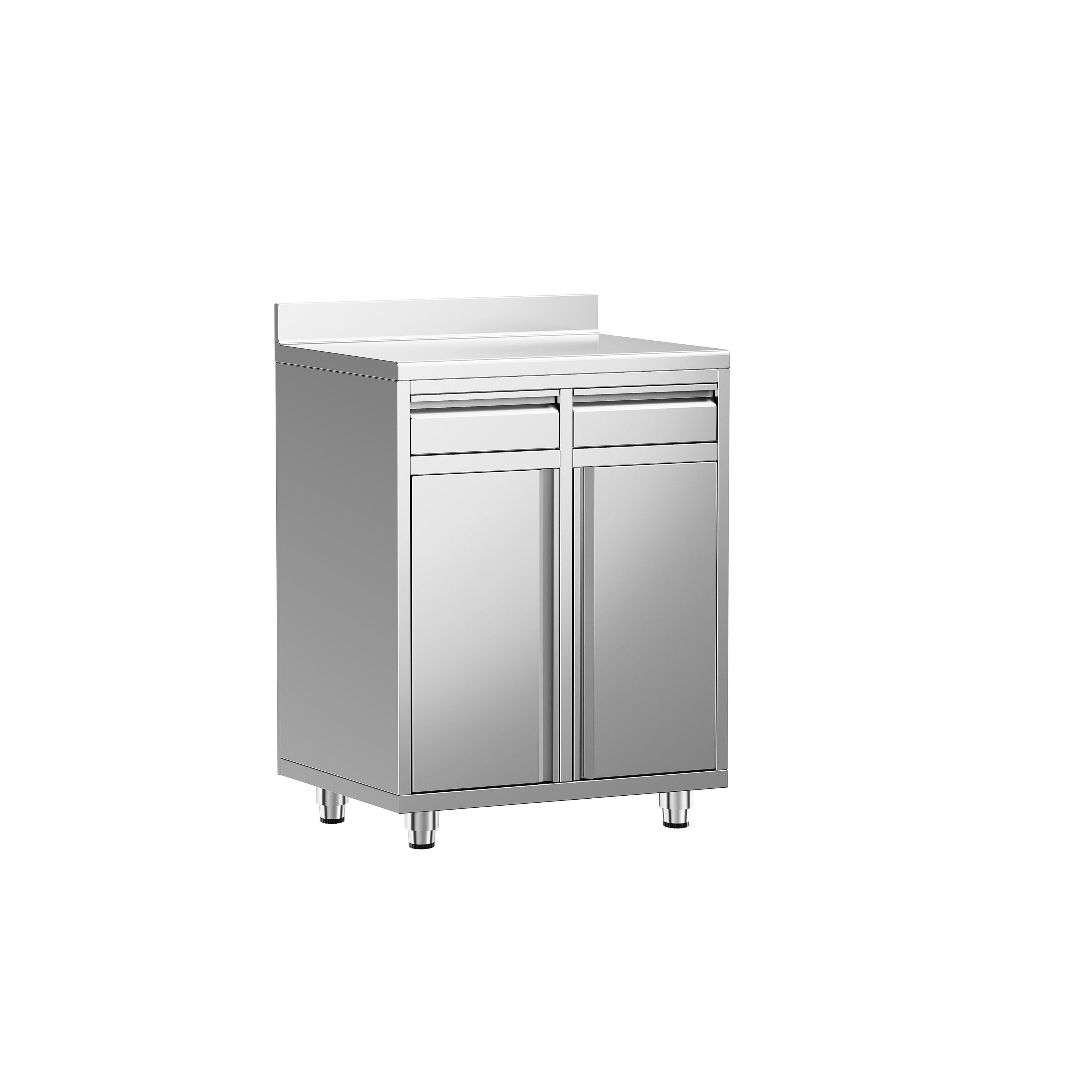 Table armoire en acier inoxydable - 800x600mm - avec 2 tiroirs et portes battantes - avec dosseret - pour machine à café (cafetière à filtre)