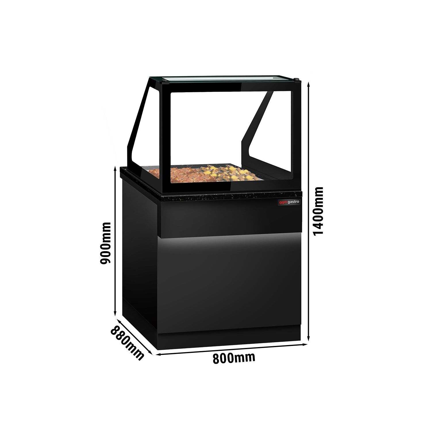 Vitrine chauffante TORONTO – 800 mm – façade noire – pour 2 × GN 1/1 – plan de travail en granit noir