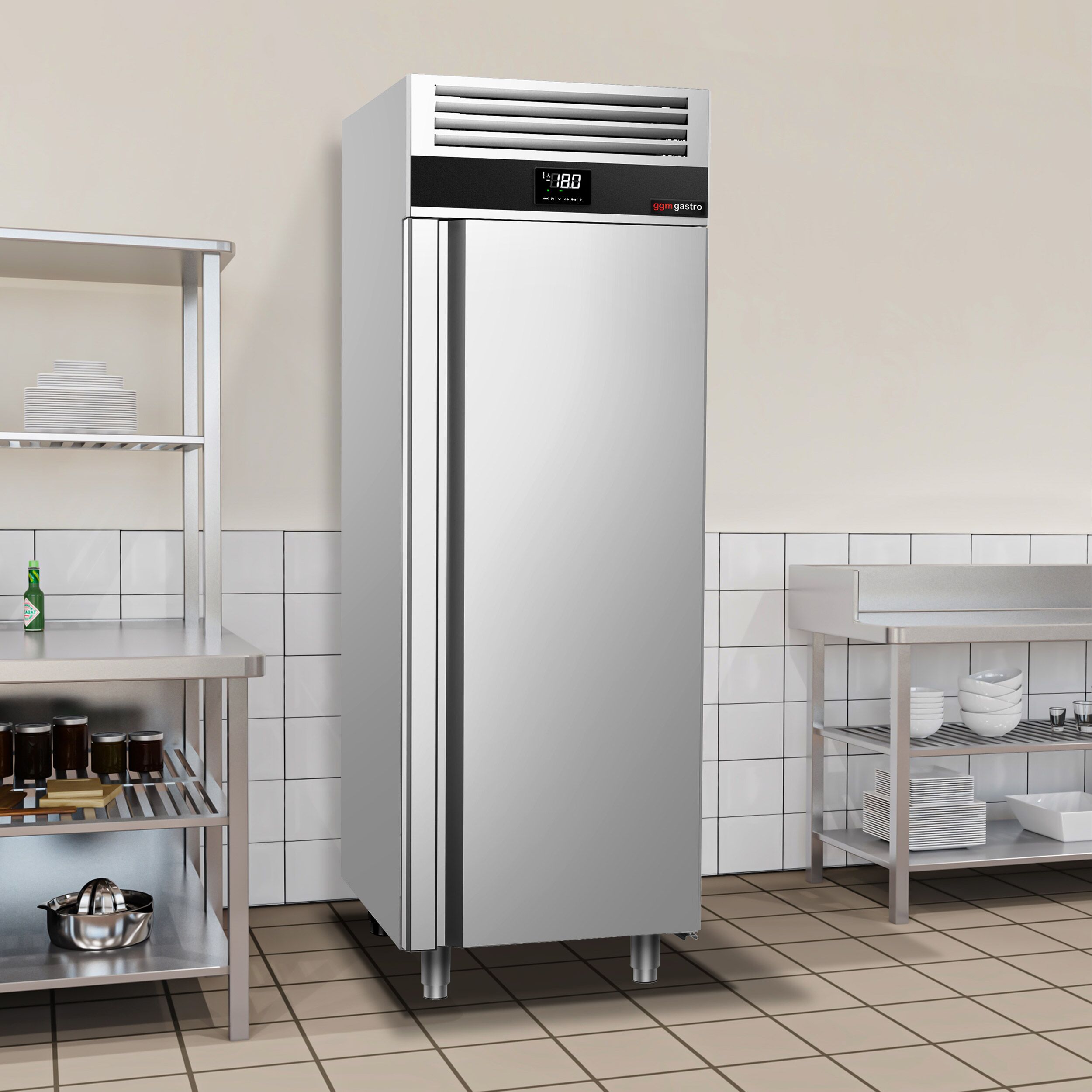 Armoire réfrigérée négative en acier inoxydable PREMIUM - GN 2/1 - 700 L - avec 1 porte vitrée & Glissières GN & 3 grilles GN 2/1