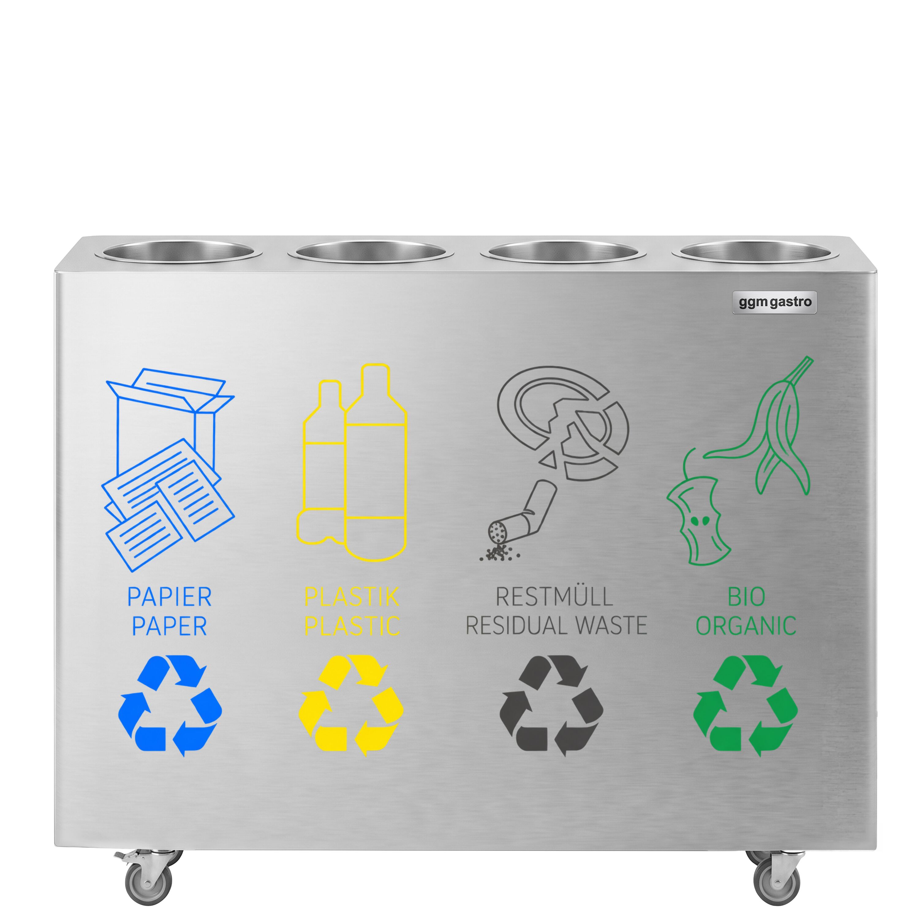 Waste sorting system – 4 bins, 30 litres each – stainless steel – with 4 castors