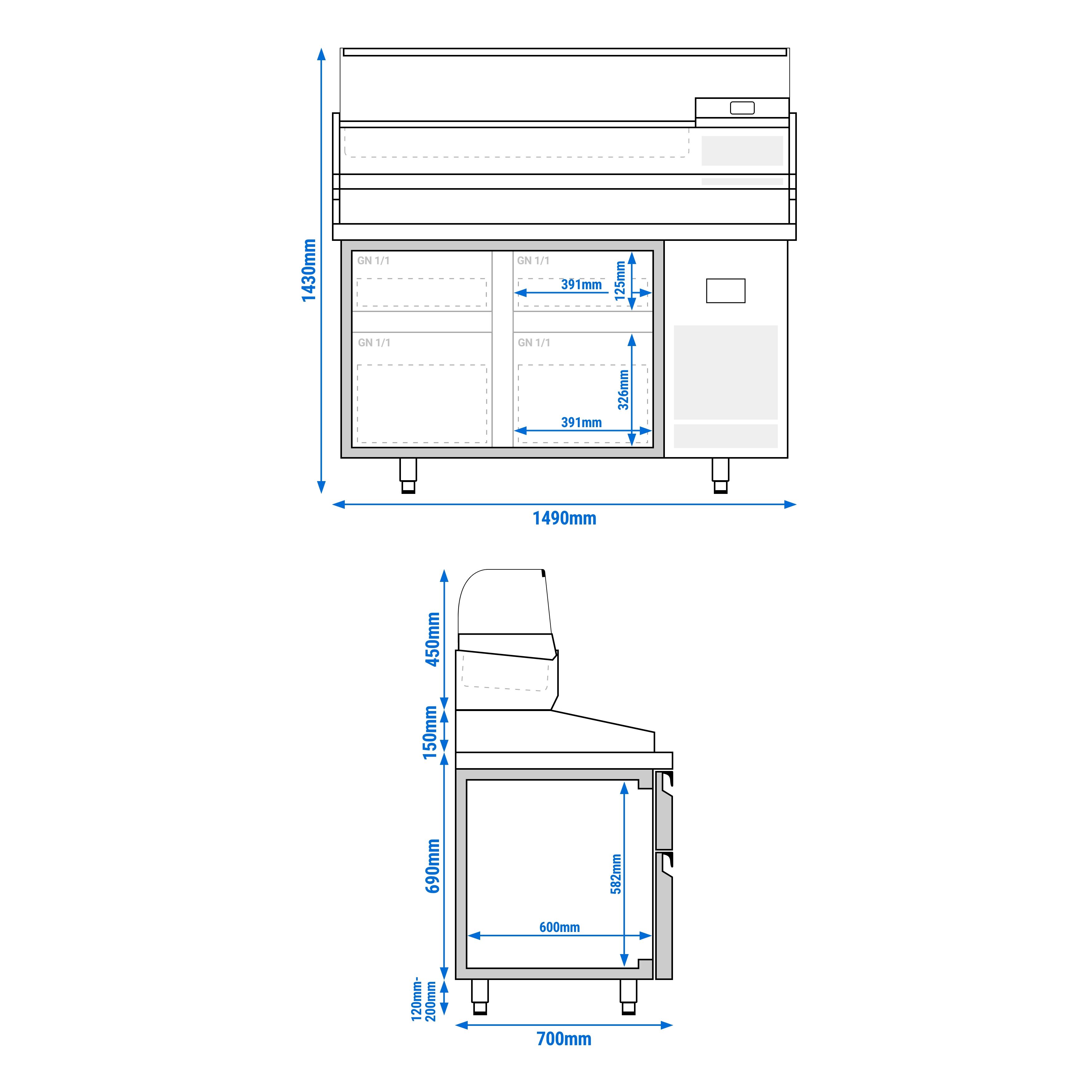 Table réfrigérée à pizza Premium PLUS - 1490x700 mm - avec 4 tiroirs - incl. vitrine réfrigérée - 6x GN 1/4