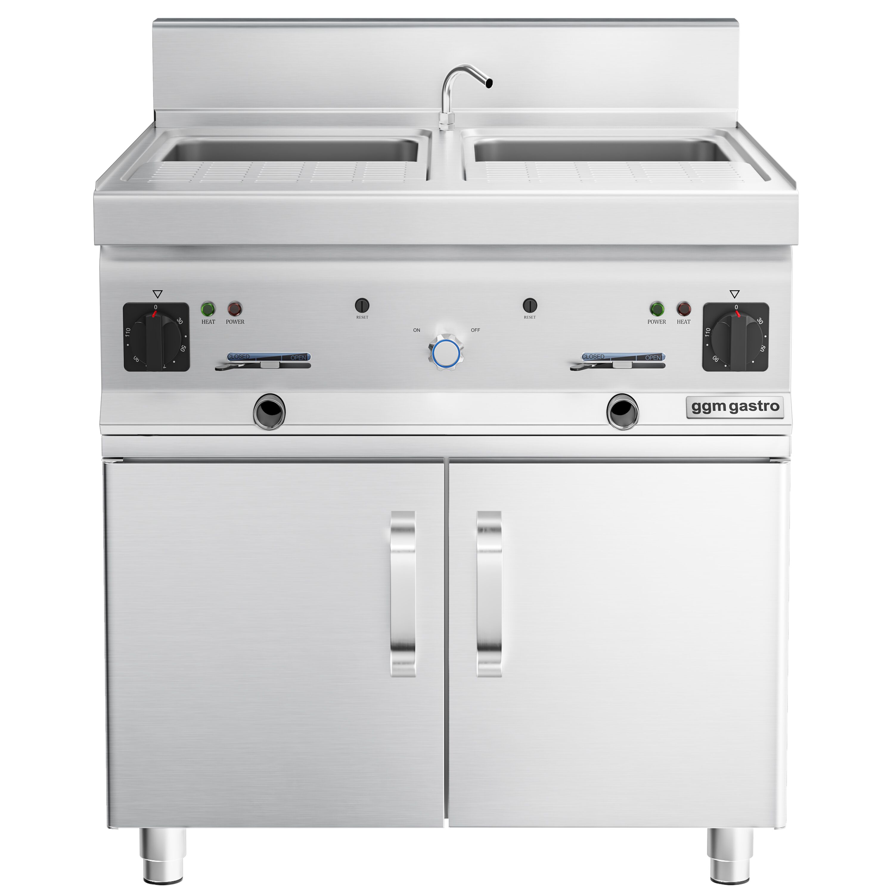 Cuiseur à pâtes électrique avec robinet – 2 × 26 L – 12 kW – incl. soubassement avec 2 portes