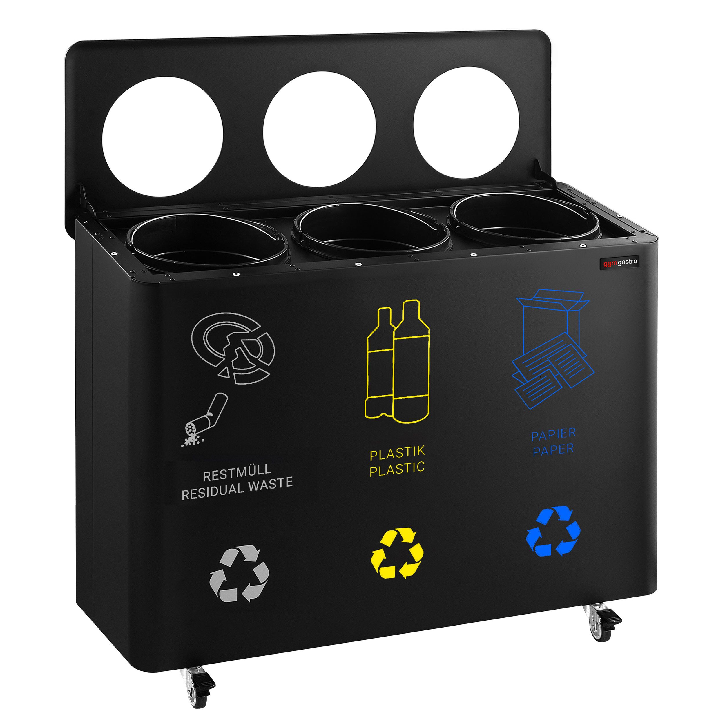 Poubelle de tri sélectif - 3 bacs de 25L chacun - 75L - 960x640x360mm - avec roulettes, bacs amovibles, autocollants de tri - Noir - Acier et Plastique