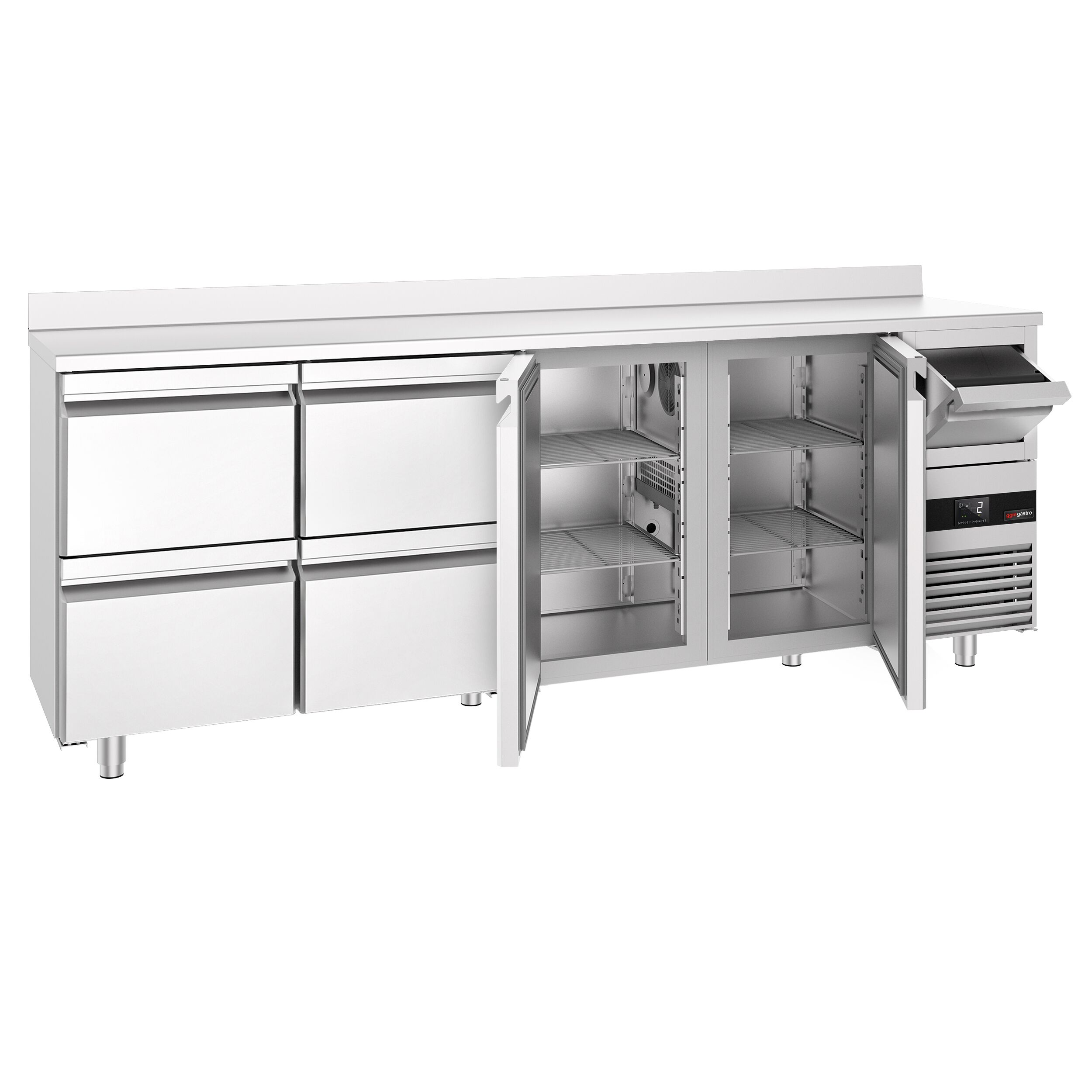 Arrière-bar réfrigéré professionnel  PREMIUM - 2690 x 600 mm - avec 2 portes et 4 tiroirs - avec dosseret - avec tiroir à marc de café