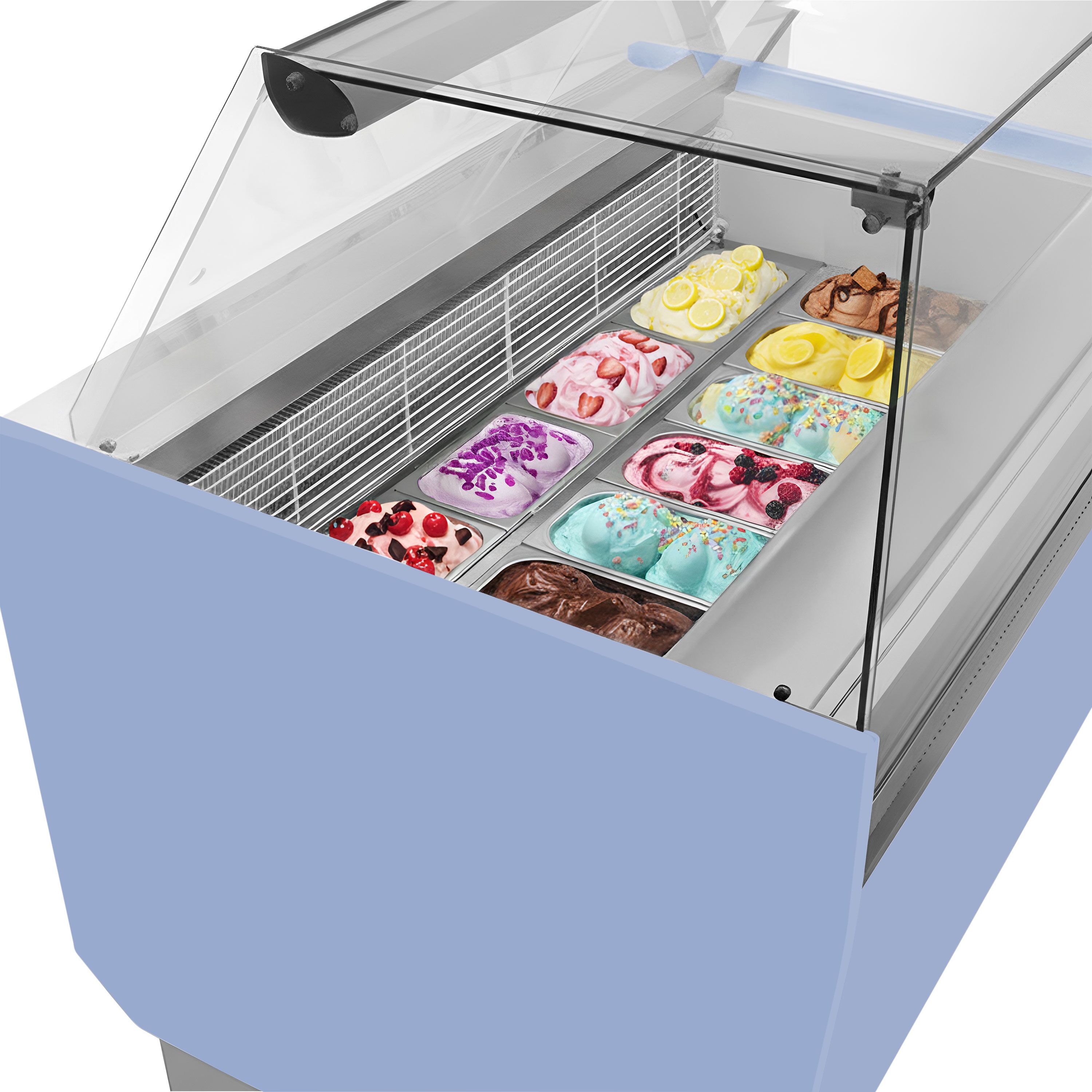 Vitrine à glace LIAM – 1560 mm – refroidissement statique – pour 13+13 bacs à glace de 5 litres – Bleu clair