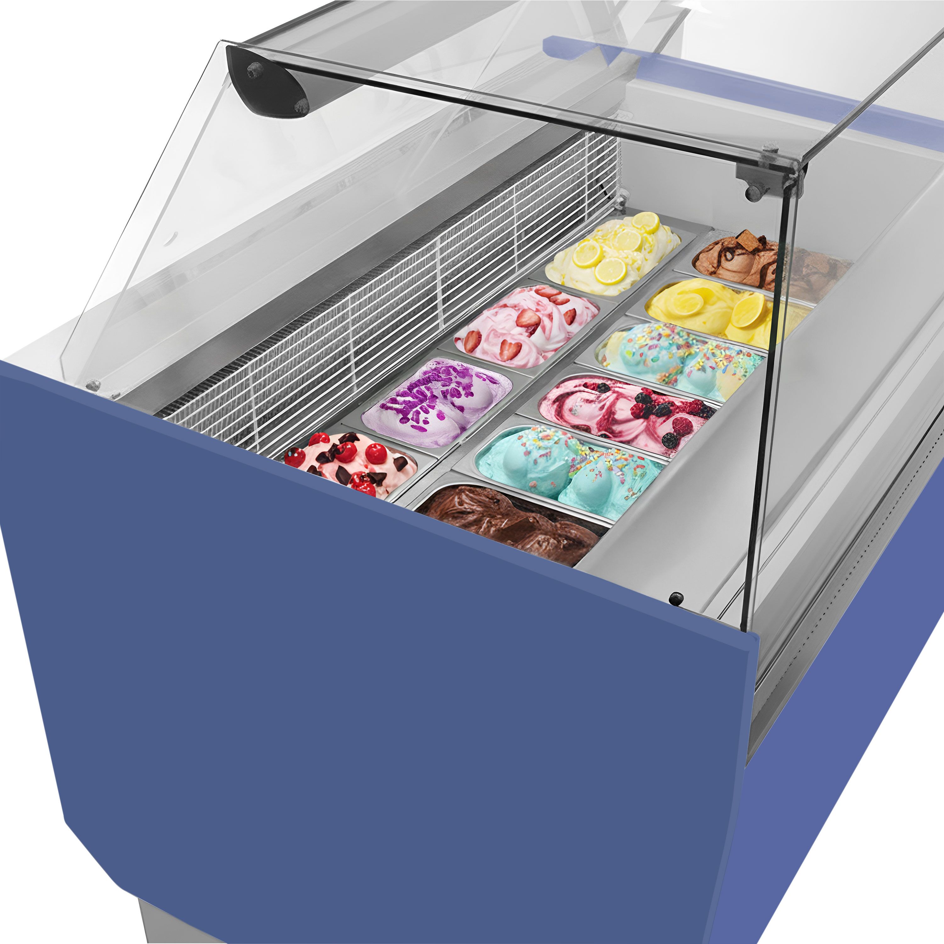 Vitrine à glace LIAM – 1560 mm – refroidissement statique – pour 13+13 bacs à glace de 5 litres – Bleu