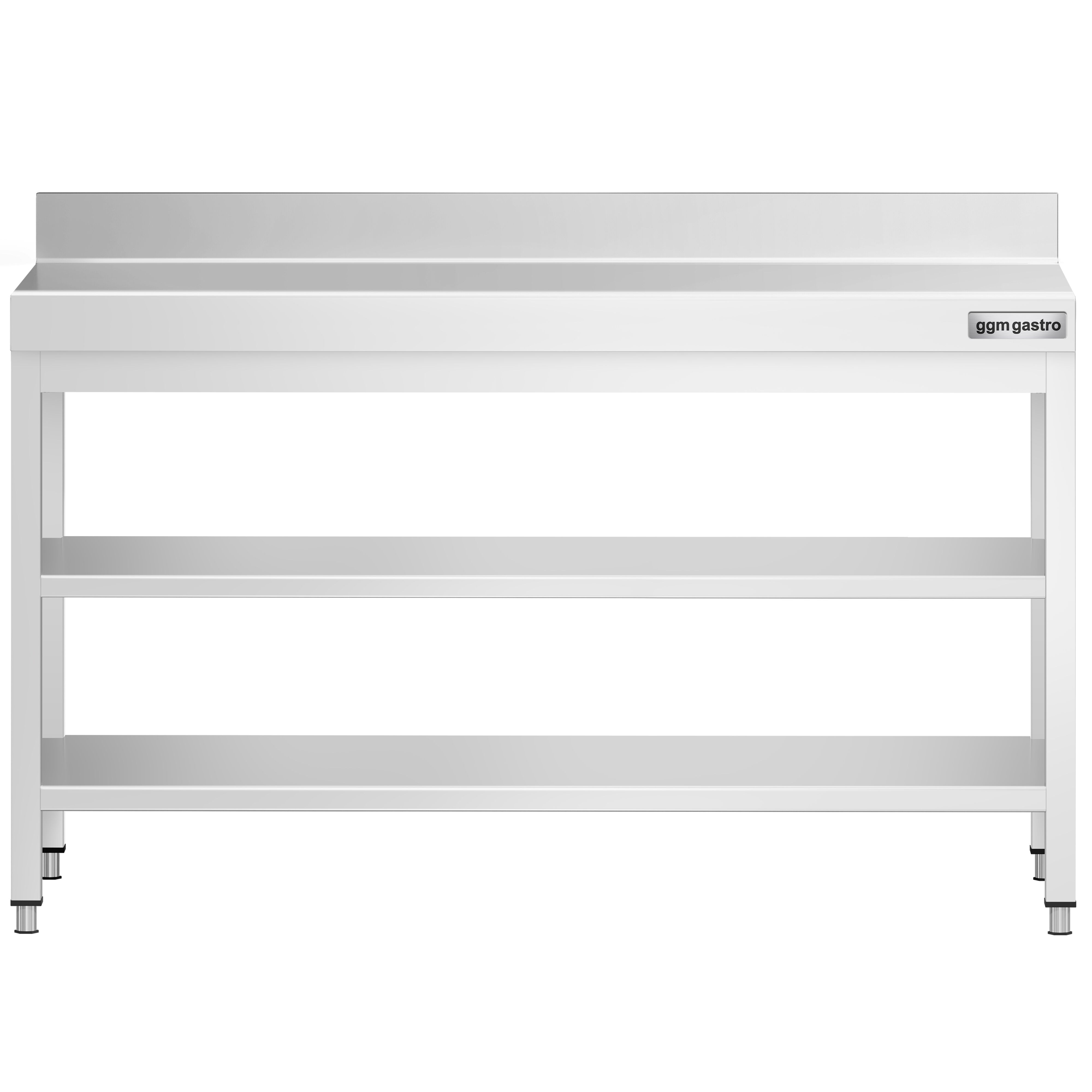 Table de travail inox PREMIUM - 1500 x 700 mm - avec tablette inférieure, Dosseret & Tablette intermédiaire