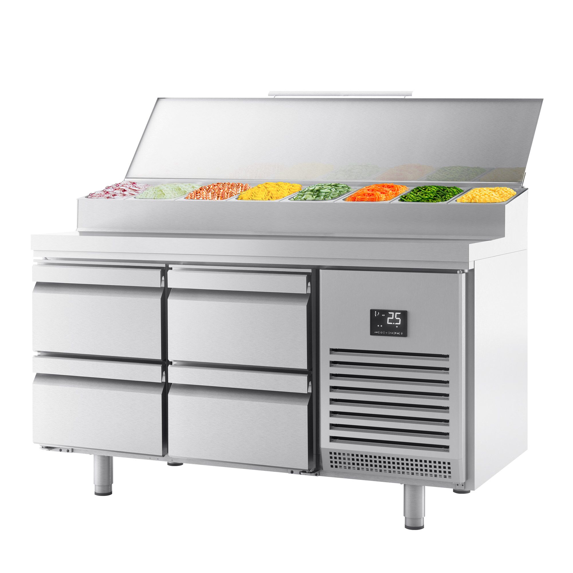 Table réfrigérée de préparation - 1468 x 600 mm - avec 4 tiroirs - avec superstructure en inox 8 x GN 1/4