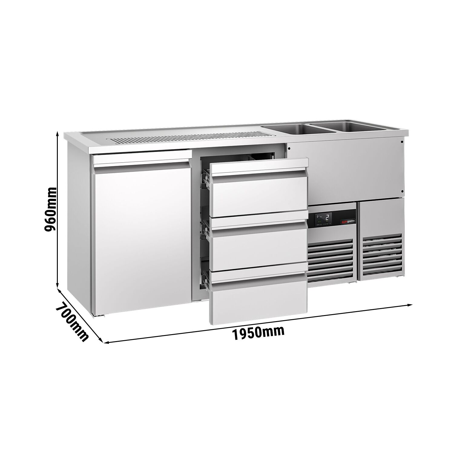 Comptoir de bar réfrigéré PREMIUM - 1950x700mm - 1 porte & 3 tiroirs