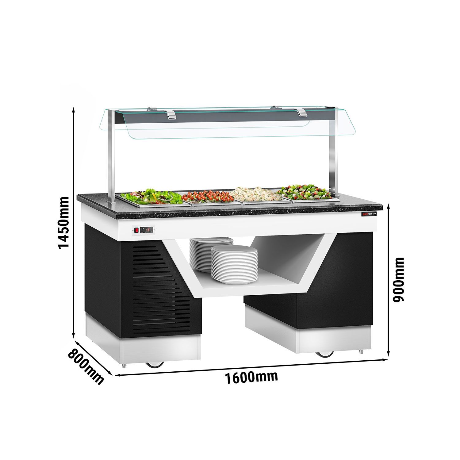 Comptoir buffet froid BELFAST – 1600 mm – avec bac réfrigéré et roulettes – pour 4x GN 1/1          