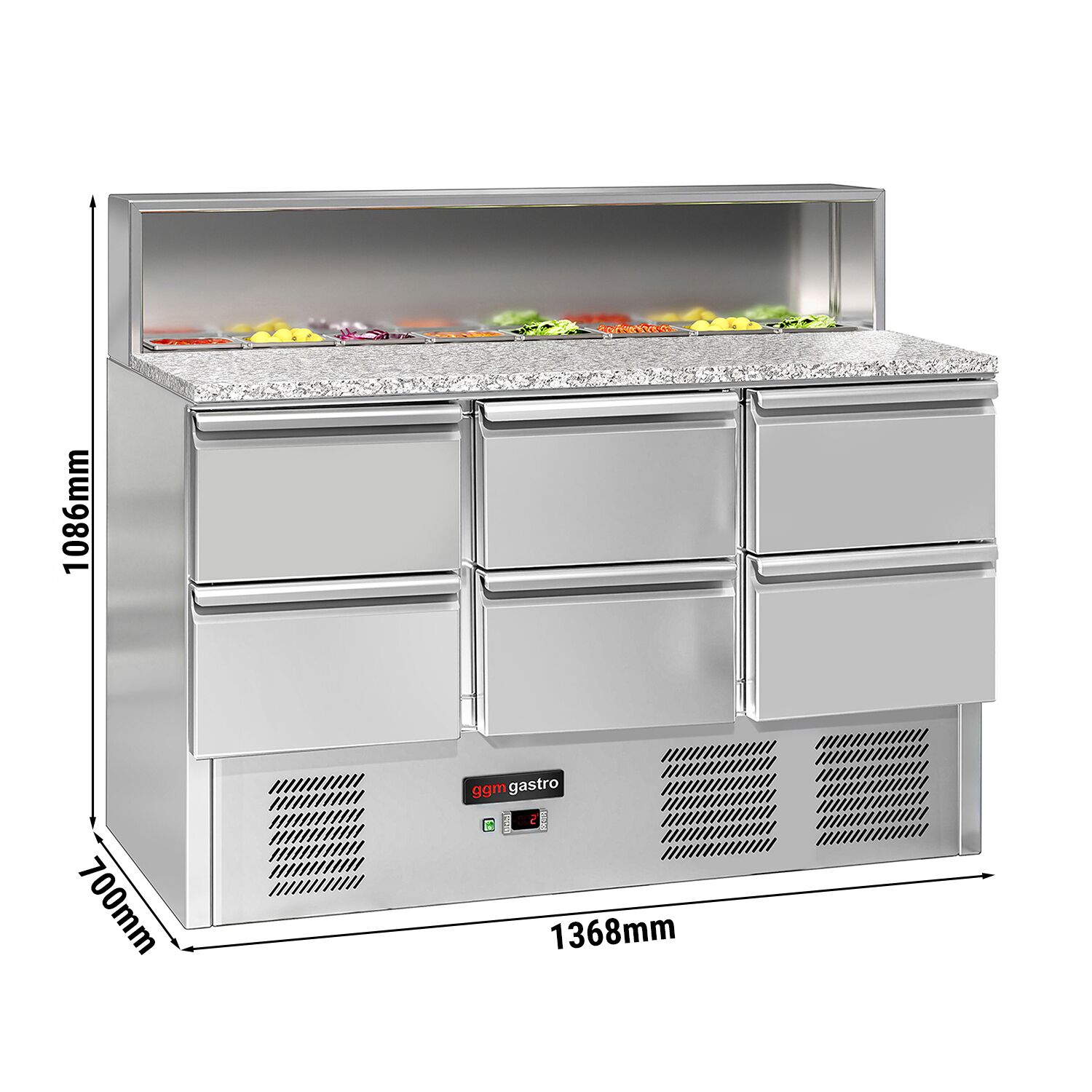Saladette réfrigérée ECO - 1368mm - 402L - 6 tiroirs - pour 8x GN 1/6 & Couvercle inox - plan de travail en granit noir