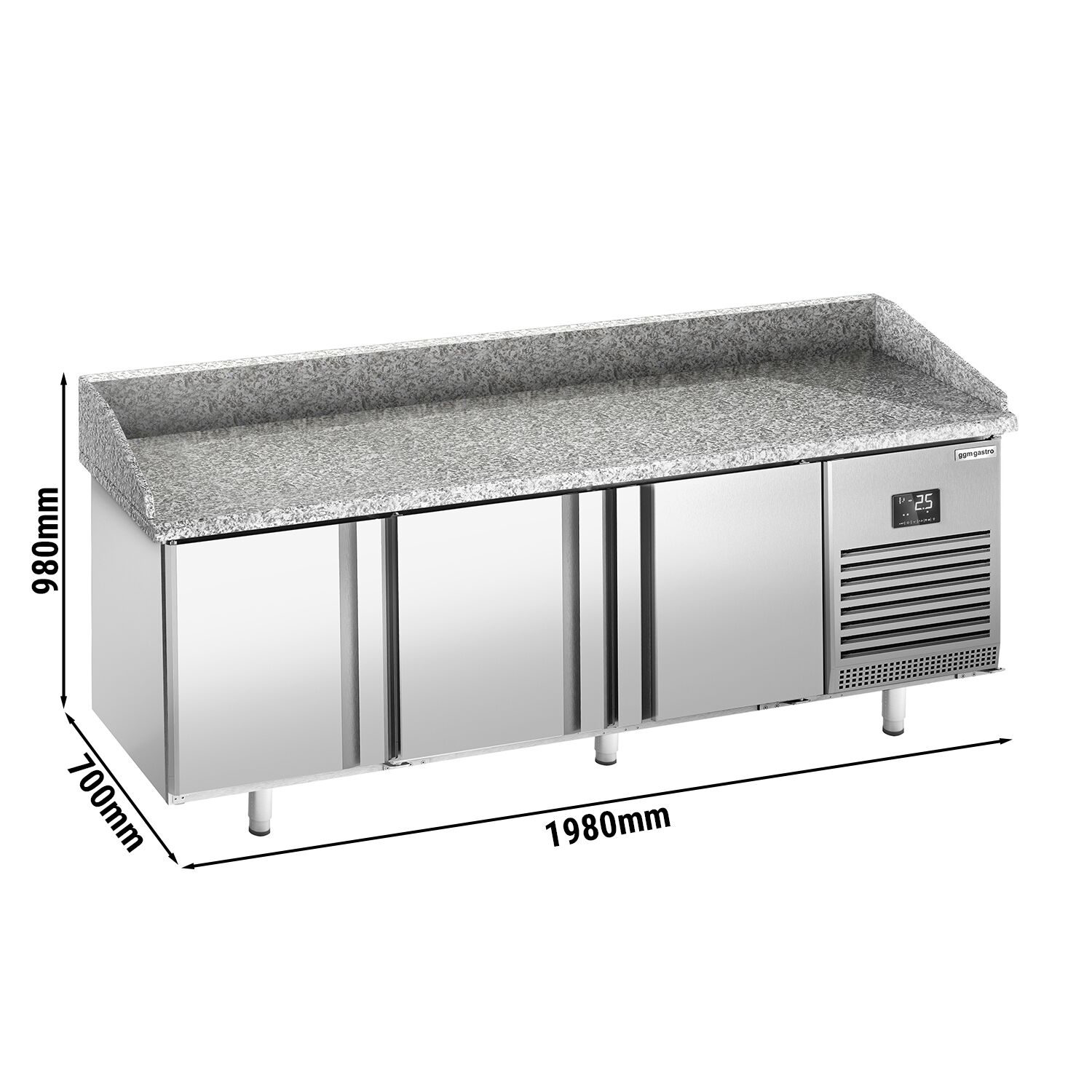 Commercial Pizza Prep Counter - Granite Top PREMIUM PLUS - 1980x700mm - with 3 doors