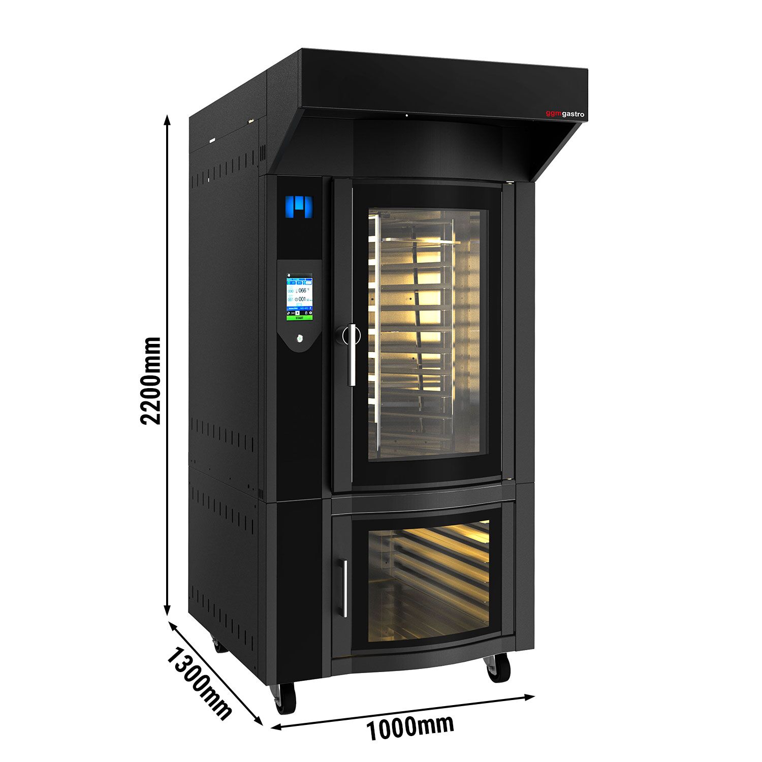 Four à chariot rotatif Four à convection avec injection d’eau - Écran tactile - 10 niveaux 600x400mm - avec Hotte & Armoire de fermentation