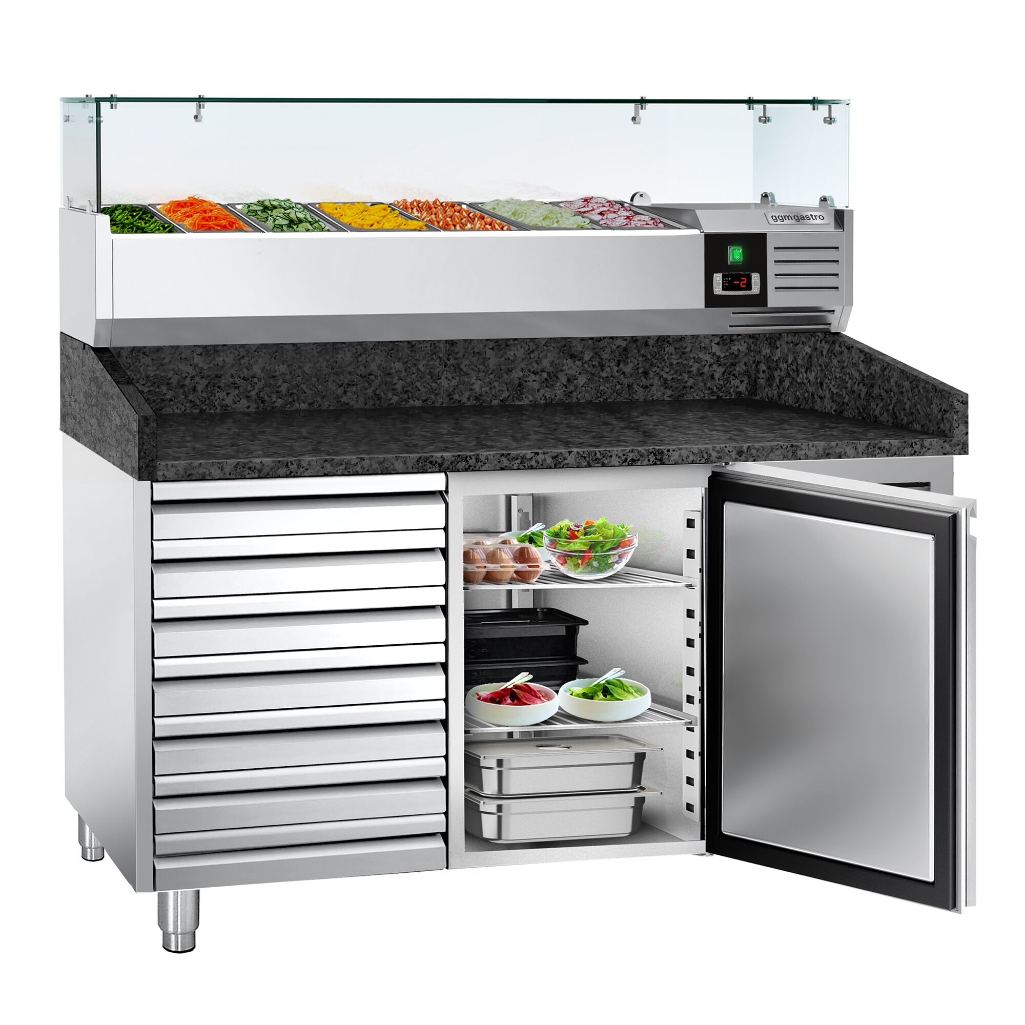 Table réfrigérée à pizza PREMIUM - 1500 x 800 mm - avec 1 porte et 7 tiroirs - incl. vitrine réfrigérée - 6 x GN 1/3