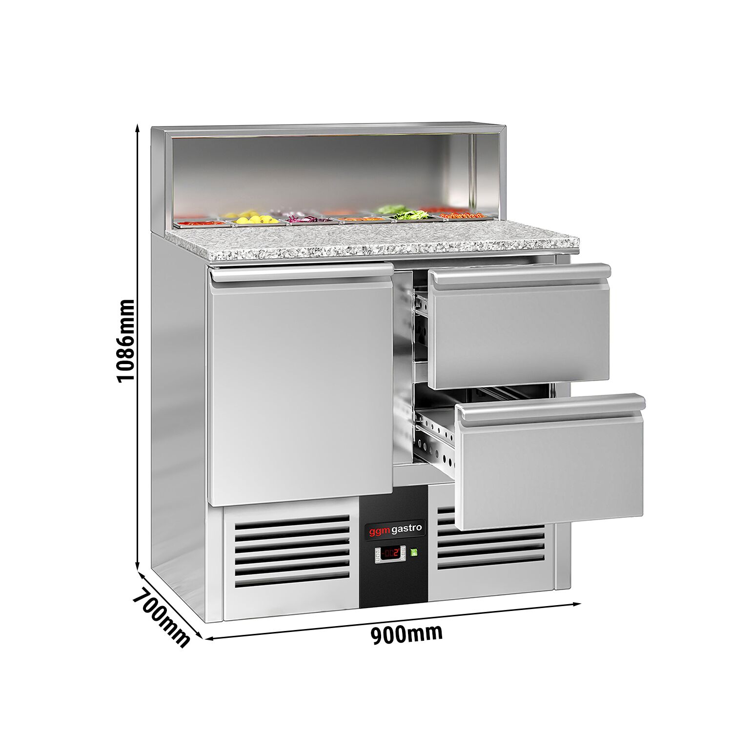 Saladette réfrigérée PREMIUM - 903mm - 240L - 1 porte & 2 tiroirs - plan de travail en granit noir