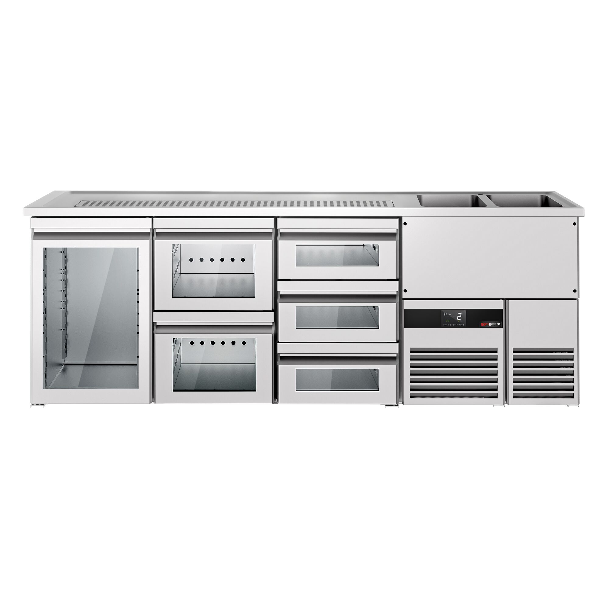 Comptoir de bar réfrigéré PREMIUM - 2500x700mm - 1 porte vitrée & 5 tiroirs en verre