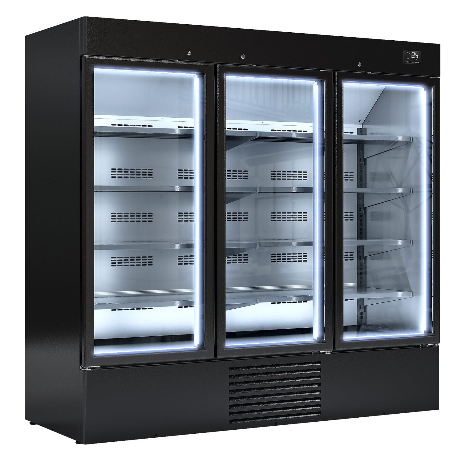 Commercial multideck display fridge - 2081mm - 2030L - with 3 double‑glazed hinged glass doors & 8 shelves - Black
