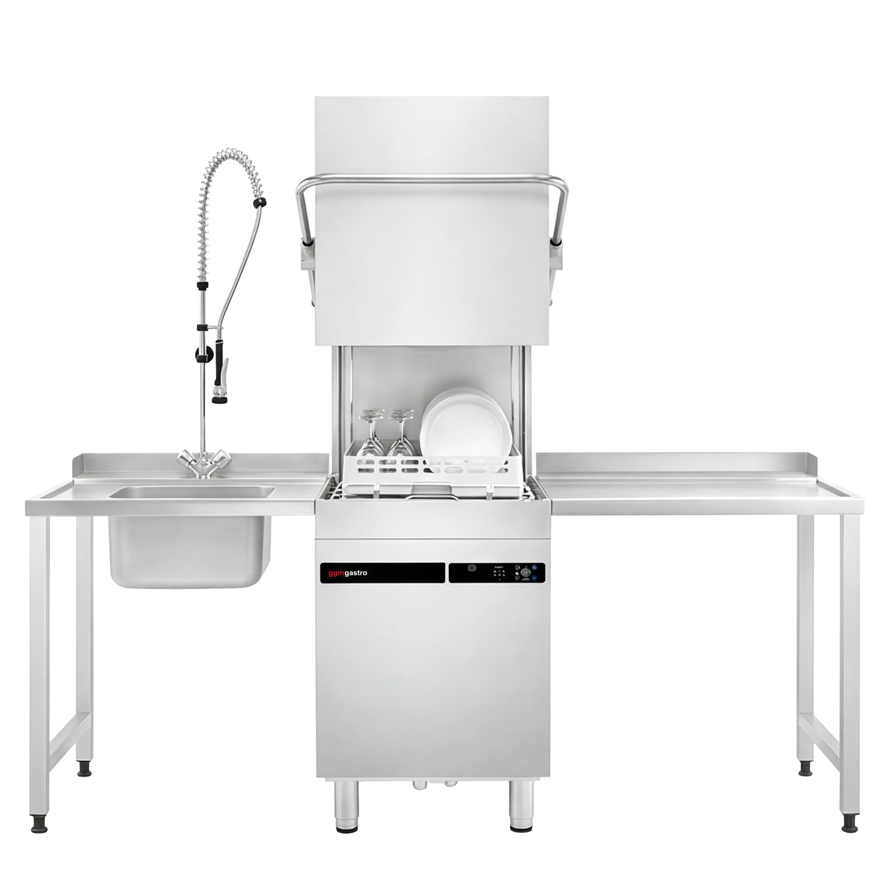 Lave-vaisselle à capot – Écran tactile – 9,66 kW – avec table d’entrée à gauche et table de sortie à droite incluses – avec pompe de détergent, de rinçage et de vidange