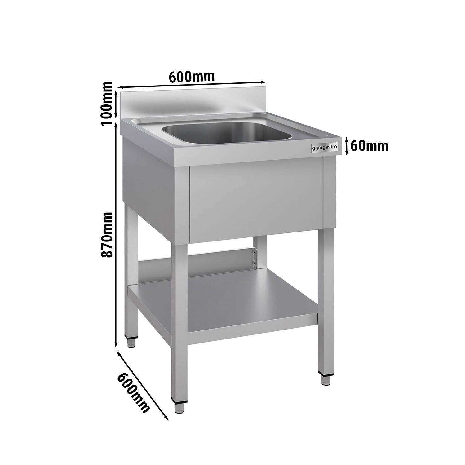 Plonge en inox ECO - 600x600mm - avec étagère basse - 1 bac au centre