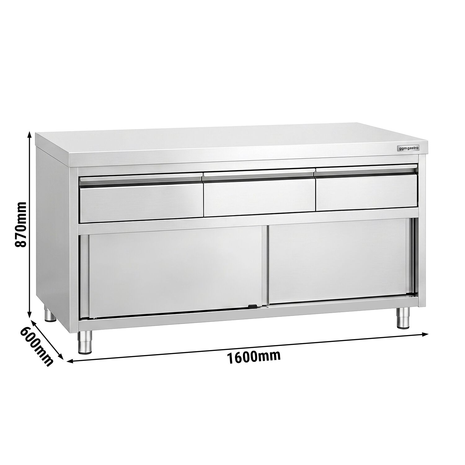 Armoire de travail en acier inoxydable PREMIUM - 1 600 x 600 mm - avec 3 tiroirs et une porte coulissante