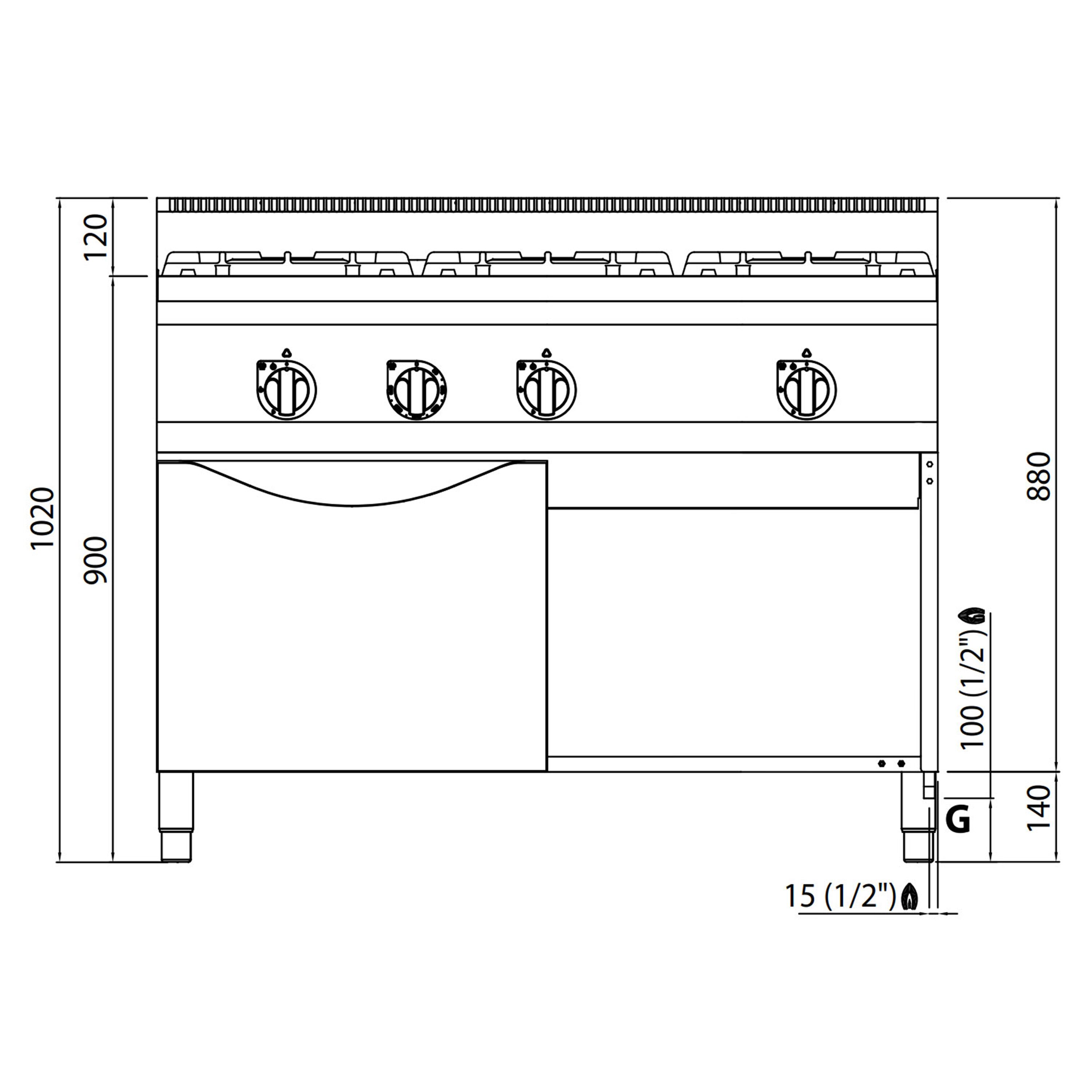 Fourneau à gaz – 31 kW – 3 brûleurs – avec four à gaz statique – 3,5 kW