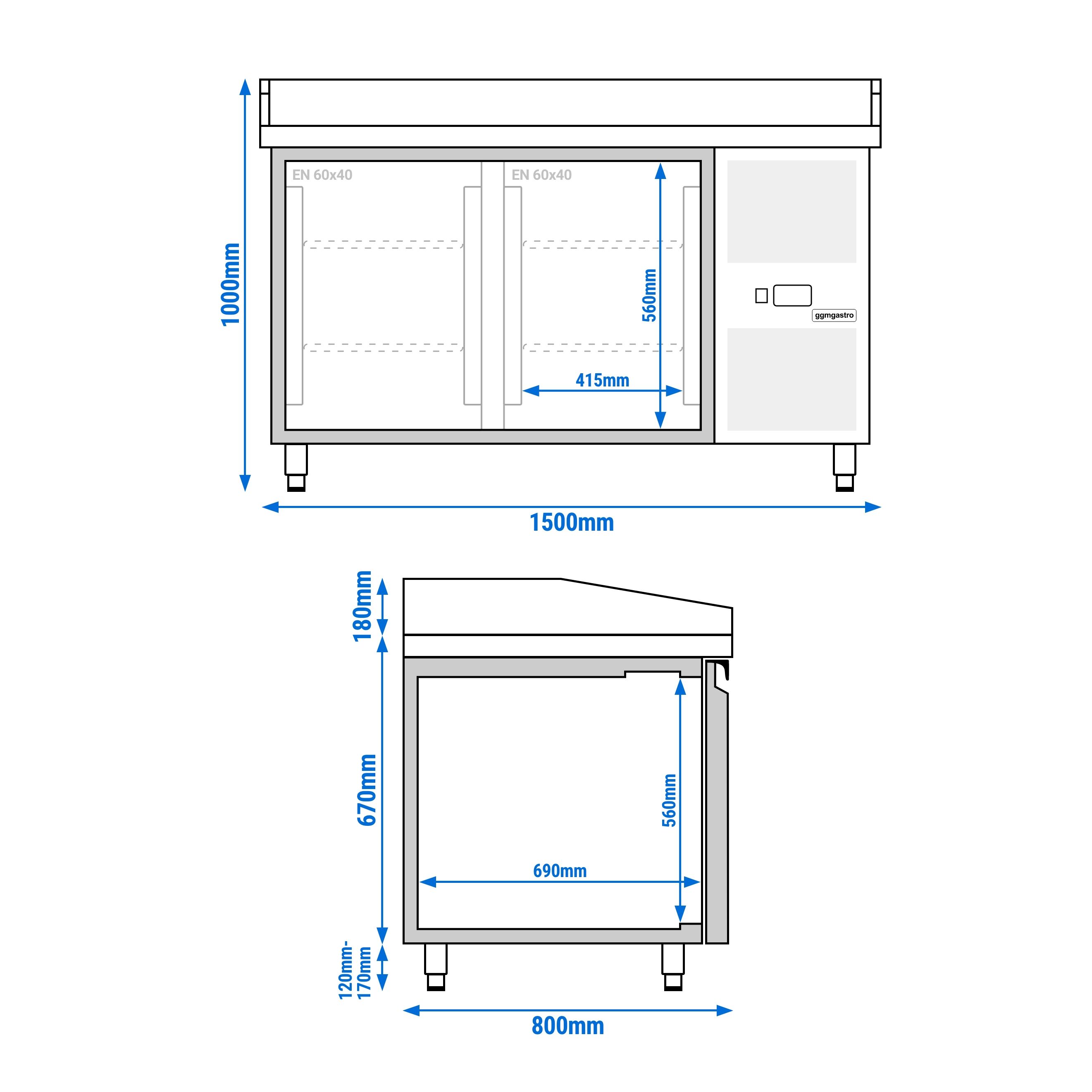 Banco pizza refrigerato ECO - 1500x800mm - con 2 porte - piano in granito